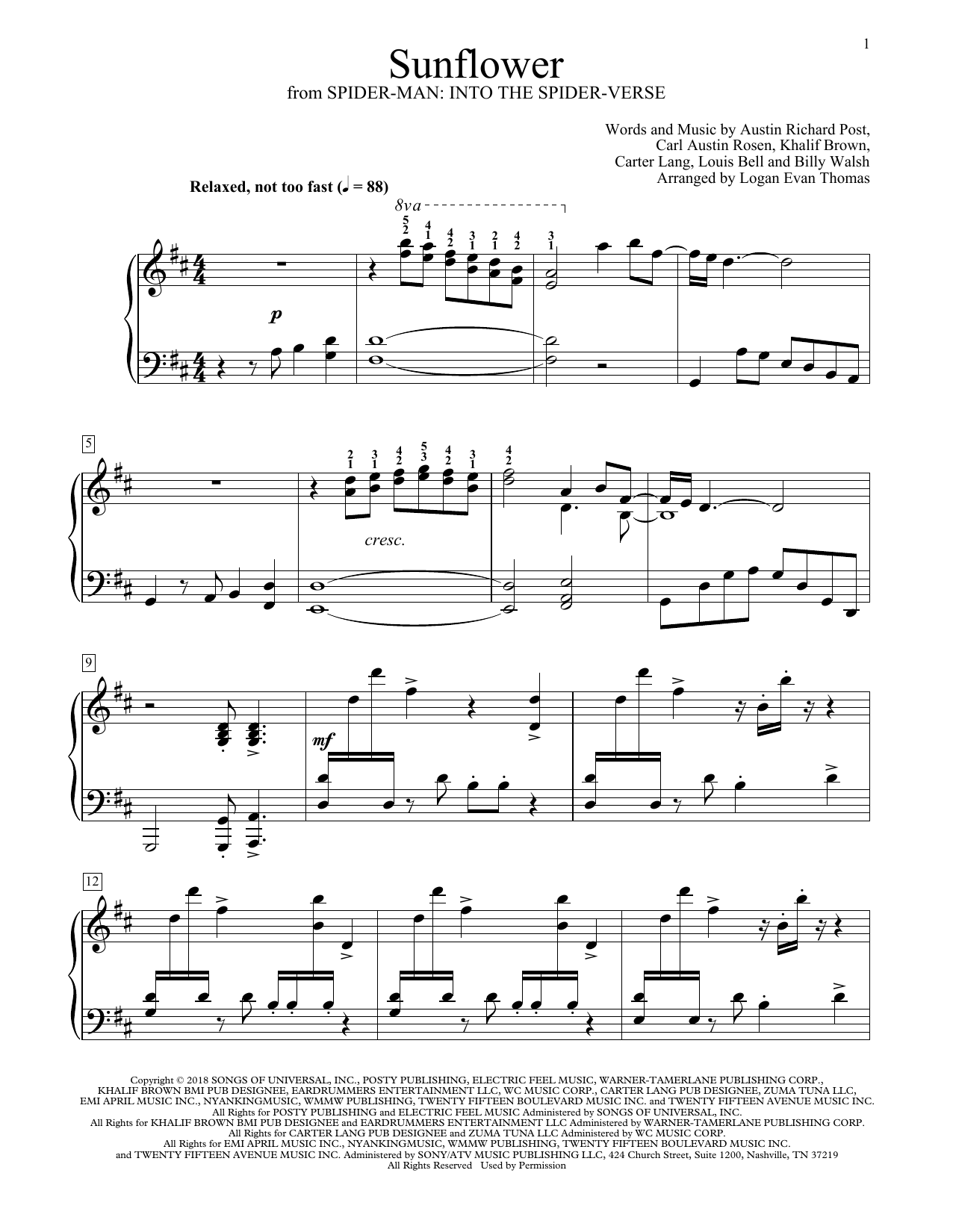 Download Post Malone & Swae Lee Sunflower (arr. Logan Evan Thomas) Sheet Music and learn how to play Educational Piano PDF digital score in minutes