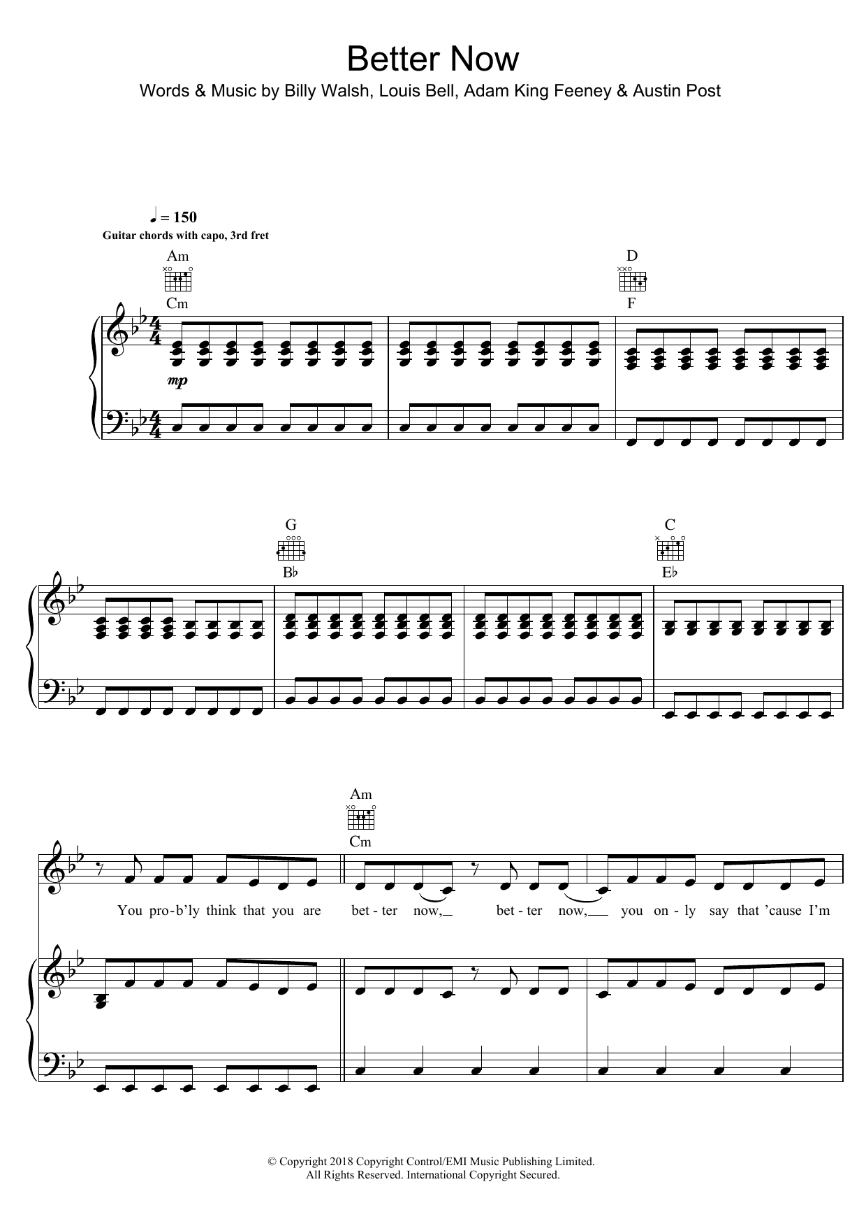 Download Post Malone Better Now Sheet Music and learn how to play Big Note Piano PDF digital score in minutes
