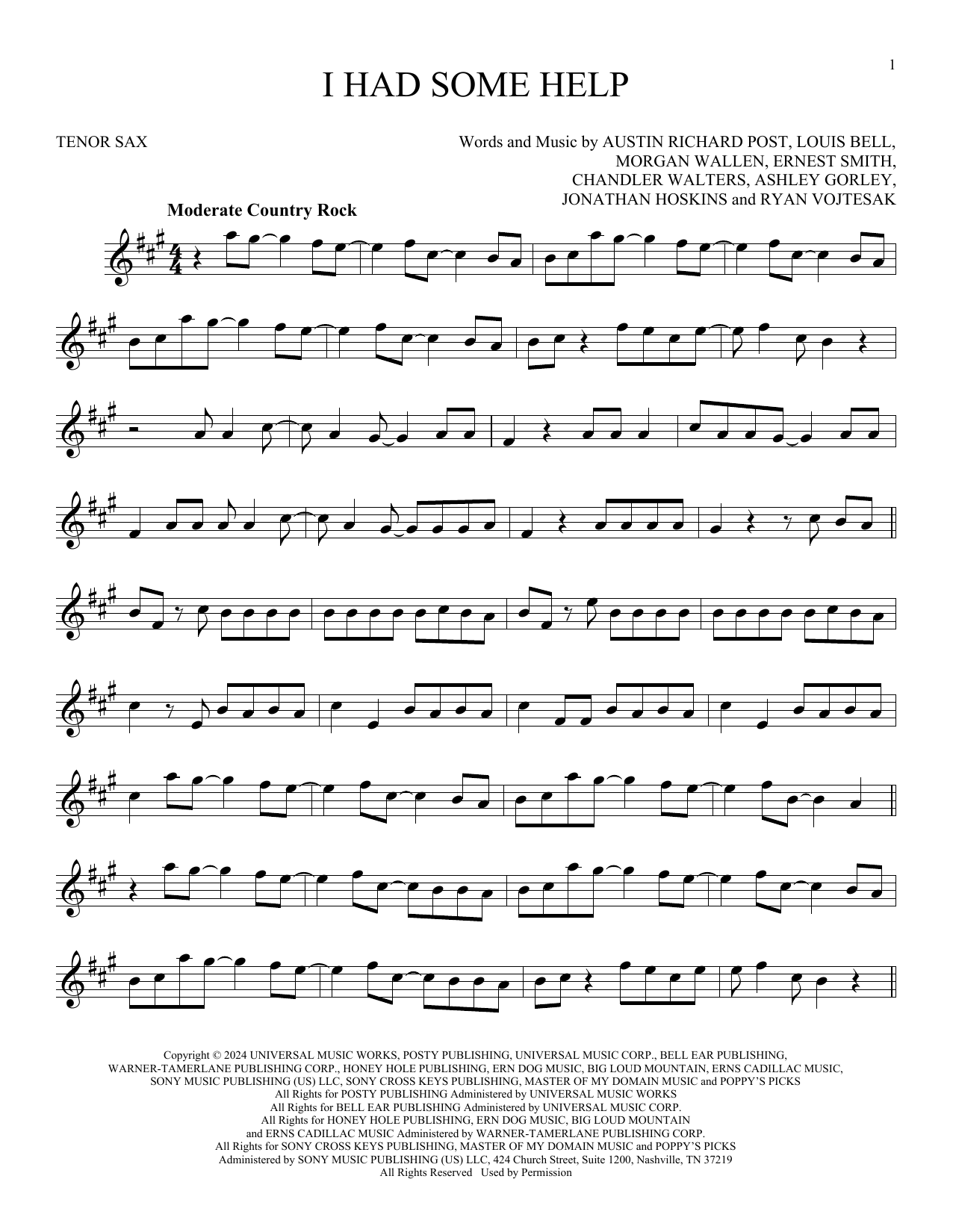 Download Post Malone Feat. Morgan Wallen I Had Some Help Sheet Music and learn how to play Alto Sax Solo PDF digital score in minutes