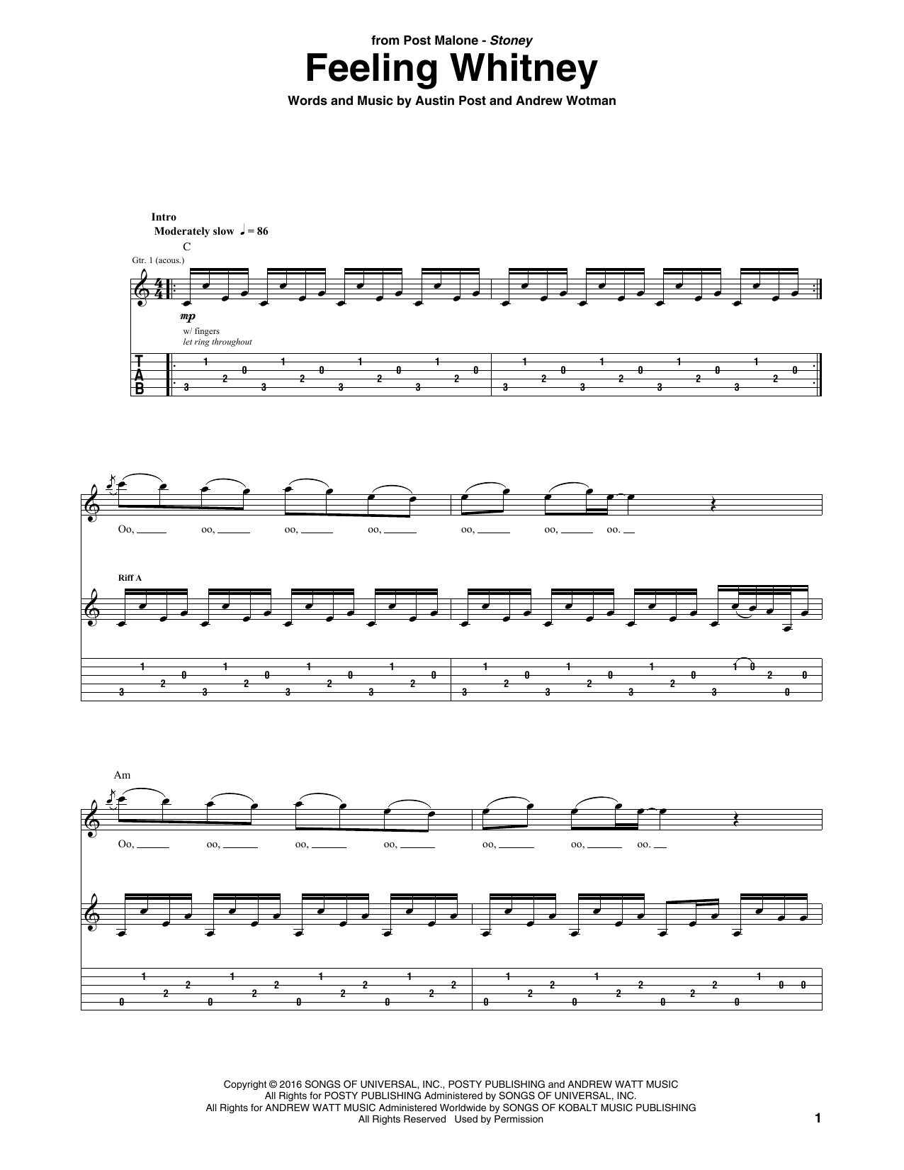 Download Post Malone Feeling Whitney Sheet Music and learn how to play Guitar Tab PDF digital score in minutes
