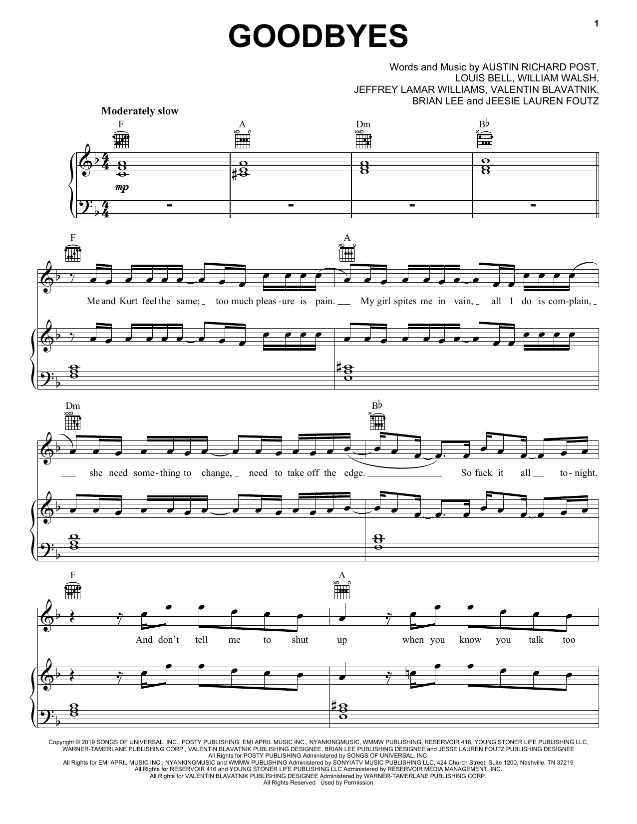 Download Post Malone Goodbyes (feat. Young Thug) Sheet Music and learn how to play Piano, Vocal & Guitar Chords (Right-Hand Melody) PDF digital score in minutes