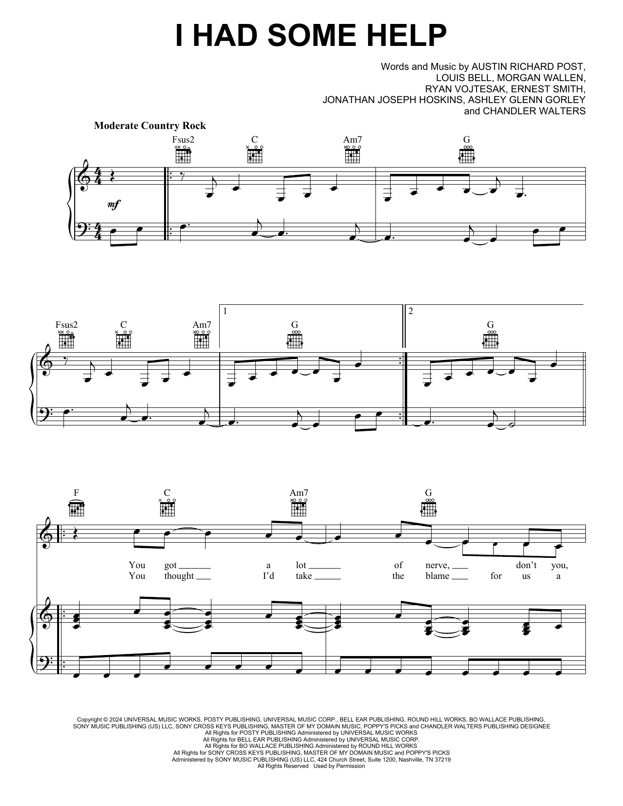 Download Post Malone I Had Some Help (feat. Morgan Wallen) Sheet Music and learn how to play Piano, Vocal & Guitar Chords (Right-Hand Melody) PDF digital score in minutes