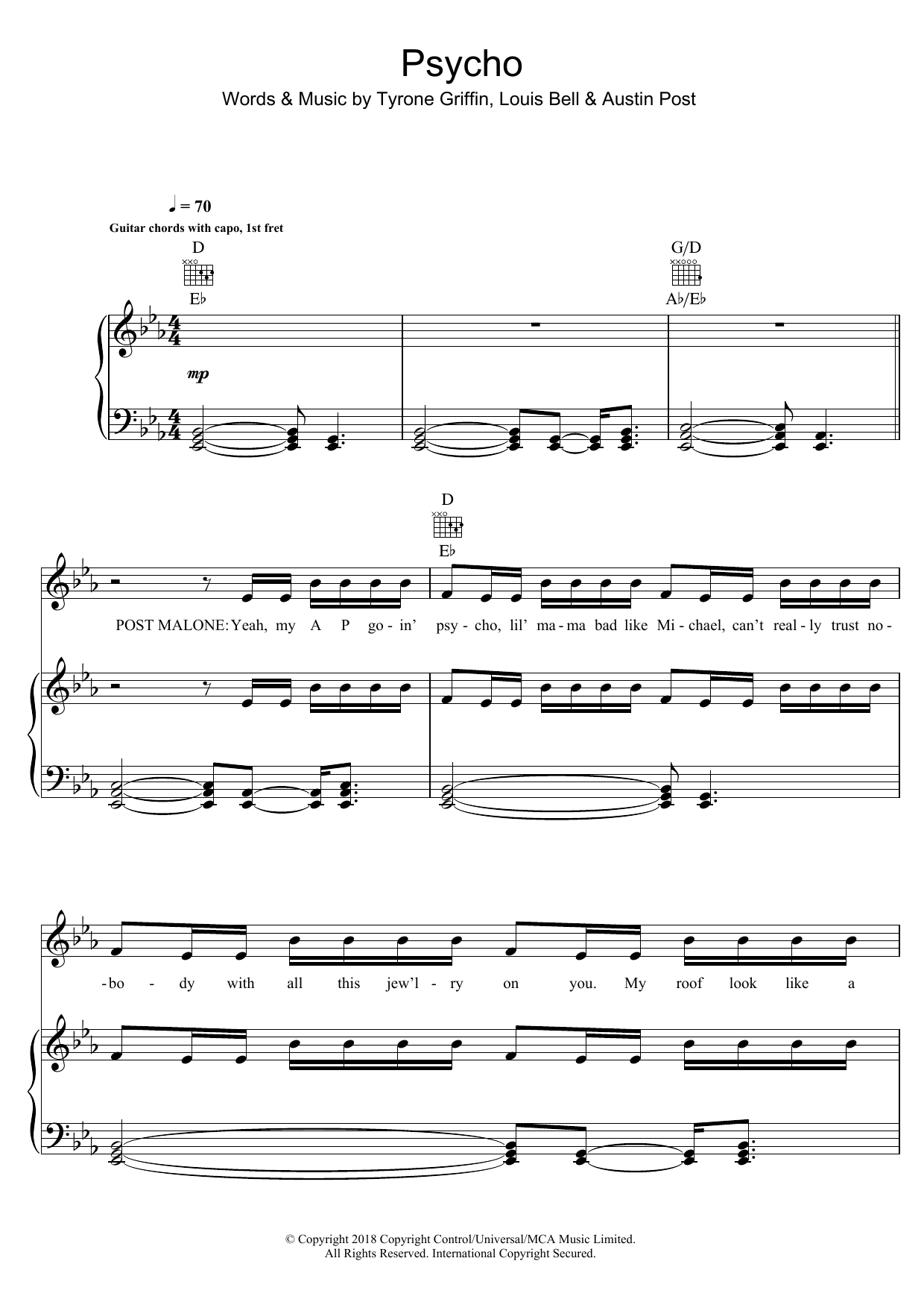 Download Post Malone Psycho (featuring Ty Dolla $ign) Sheet Music and learn how to play Piano, Vocal & Guitar Chords (Right-Hand Melody) PDF digital score in minutes