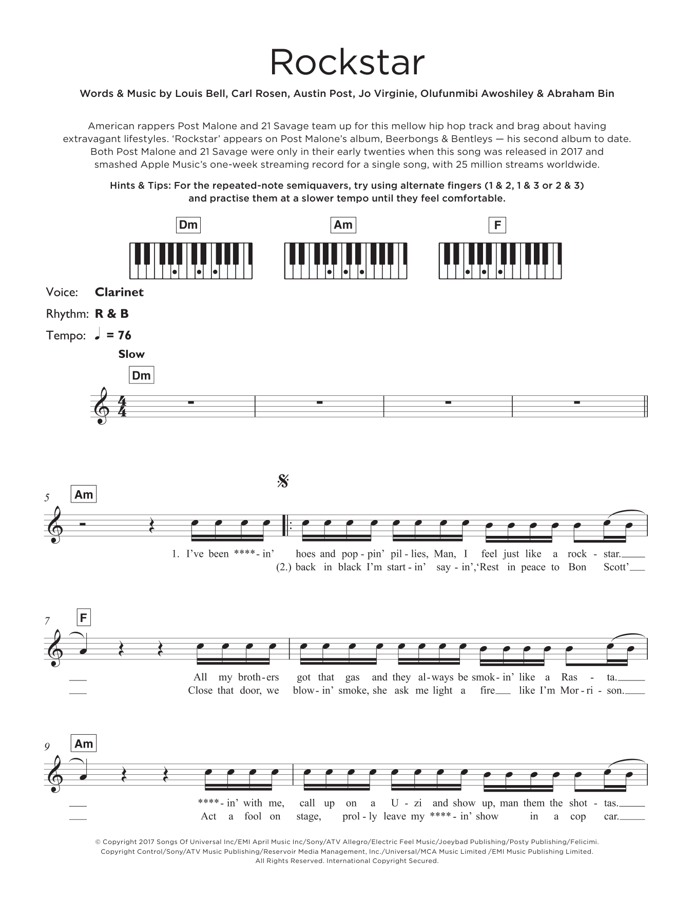 Download Post Malone Rockstar (feat. 21 Savage) Sheet Music and learn how to play Beginner Ukulele PDF digital score in minutes