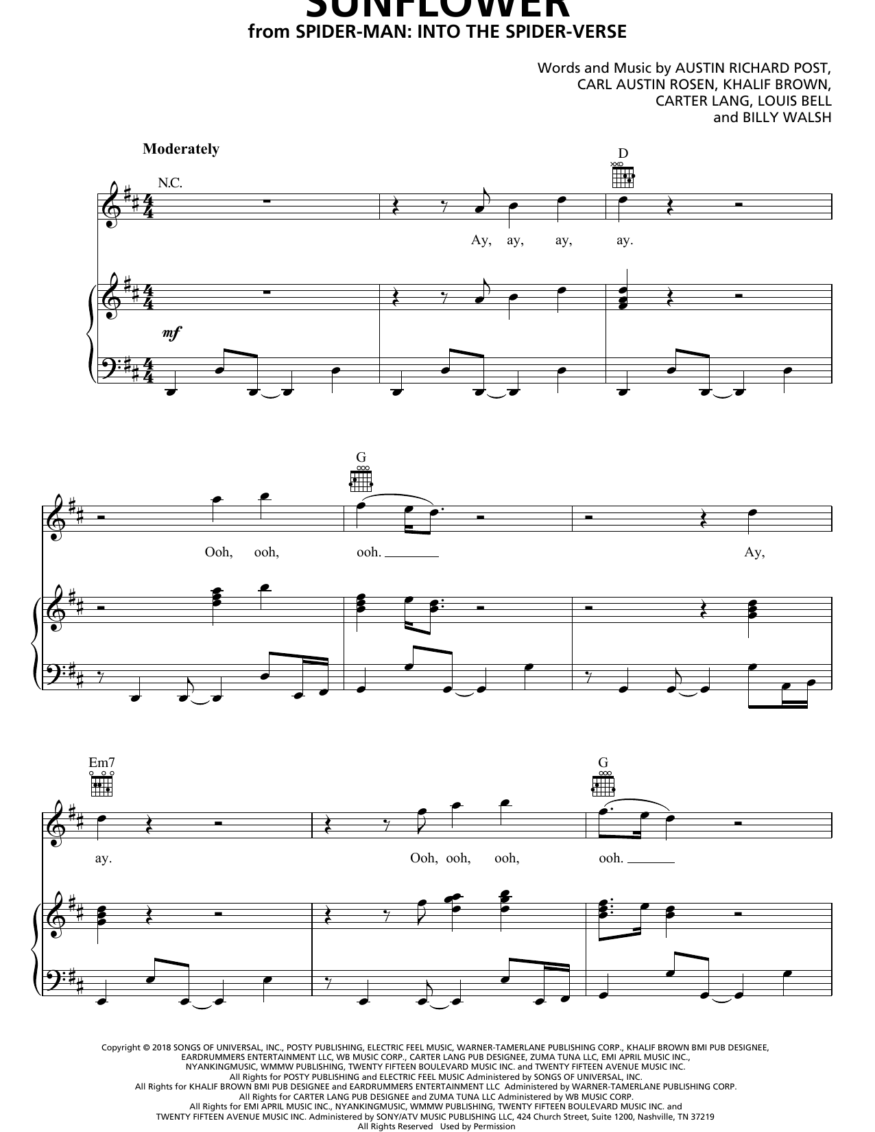 Download Post Malone & Swae Lee Sunflower (from Spider-Man: Into The Spider-Verse) Sheet Music and learn how to play Easy Piano PDF digital score in minutes
