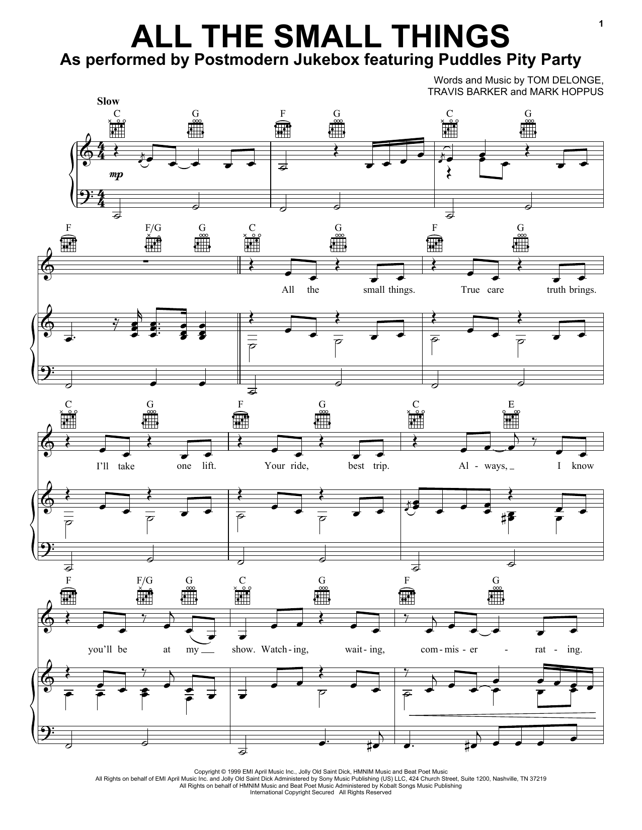 Download Postmodern Jukebox ft. Puddles Pity Party All The Small Things (John Lewis 2022) Sheet Music and learn how to play Piano, Vocal & Guitar Chords (Right-Hand Melody) PDF digital score in minutes