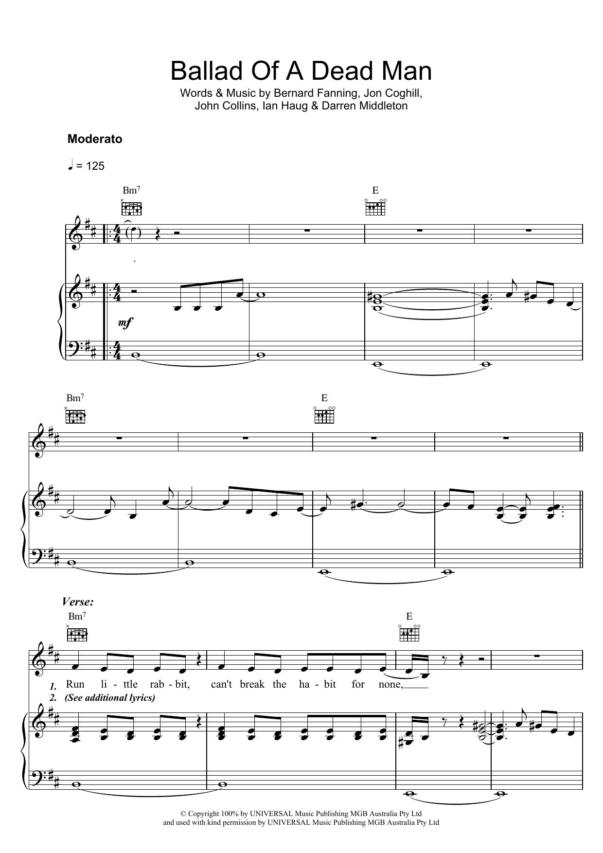 Download Powderfinger Ballad Of A Dead Man Sheet Music and learn how to play Piano, Vocal & Guitar (Right-Hand Melody) PDF digital score in minutes