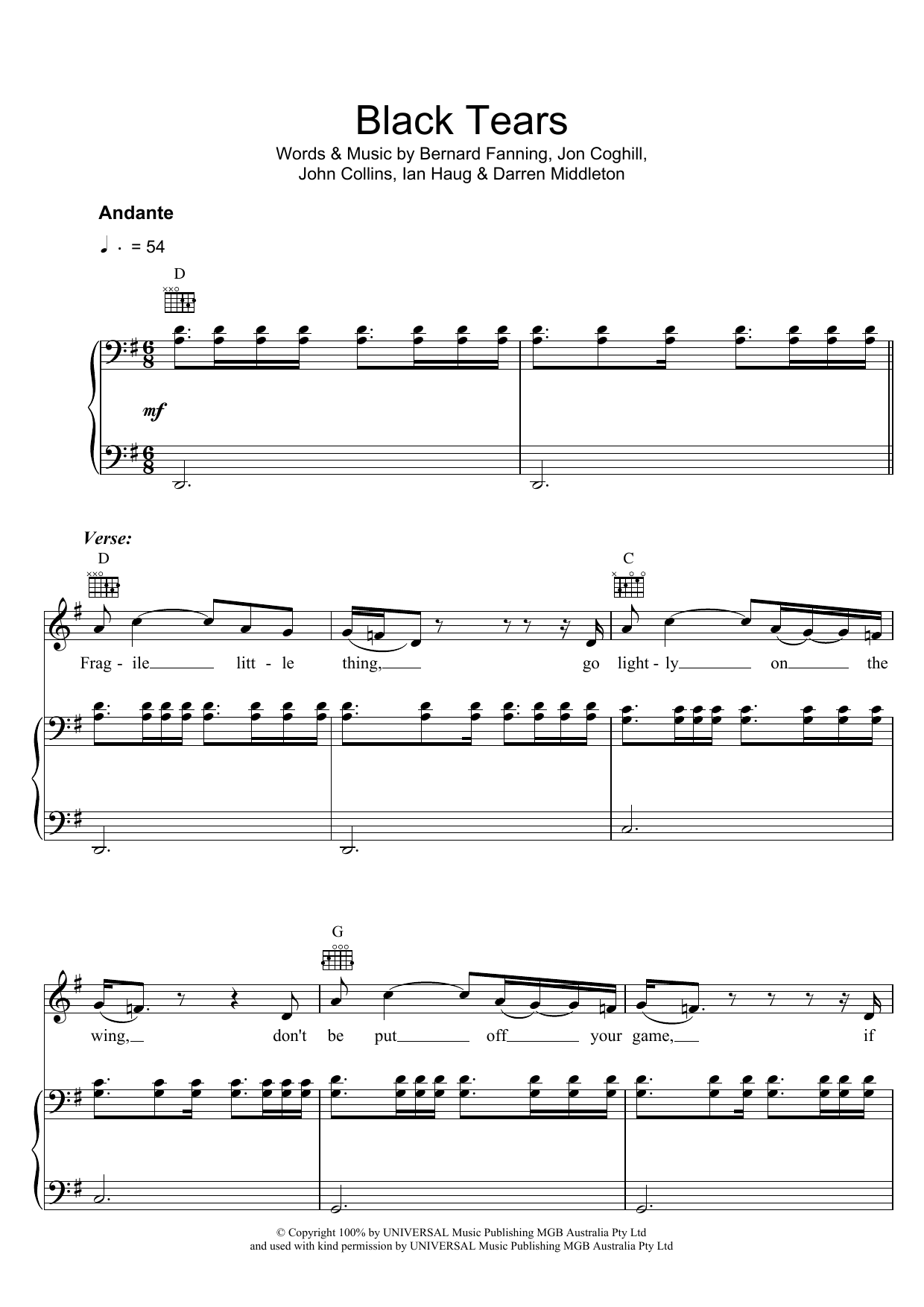 Download Powderfinger Black Tears Sheet Music and learn how to play Piano, Vocal & Guitar PDF digital score in minutes