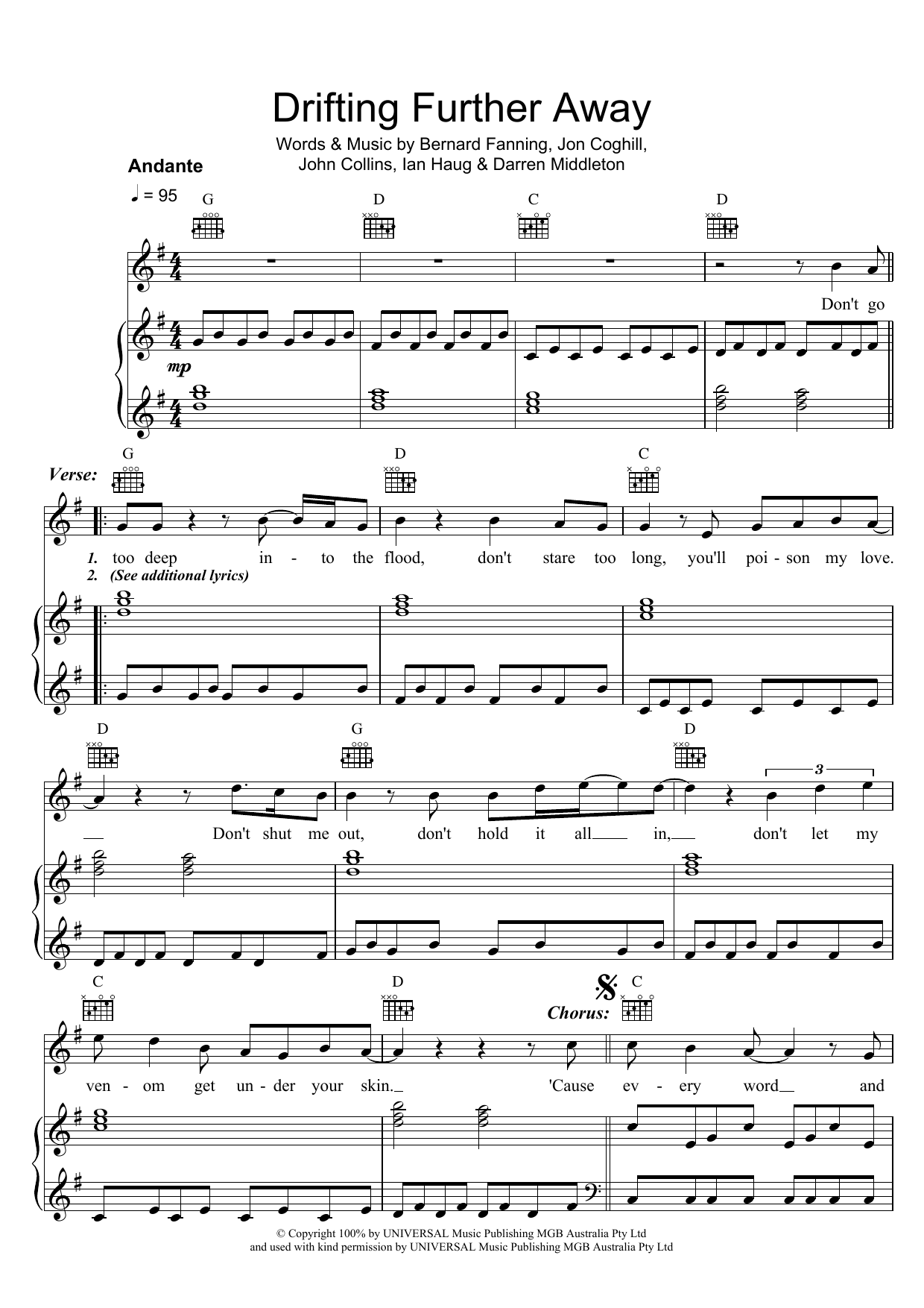 Download Powderfinger Drifting Further Away Sheet Music and learn how to play Piano, Vocal & Guitar PDF digital score in minutes