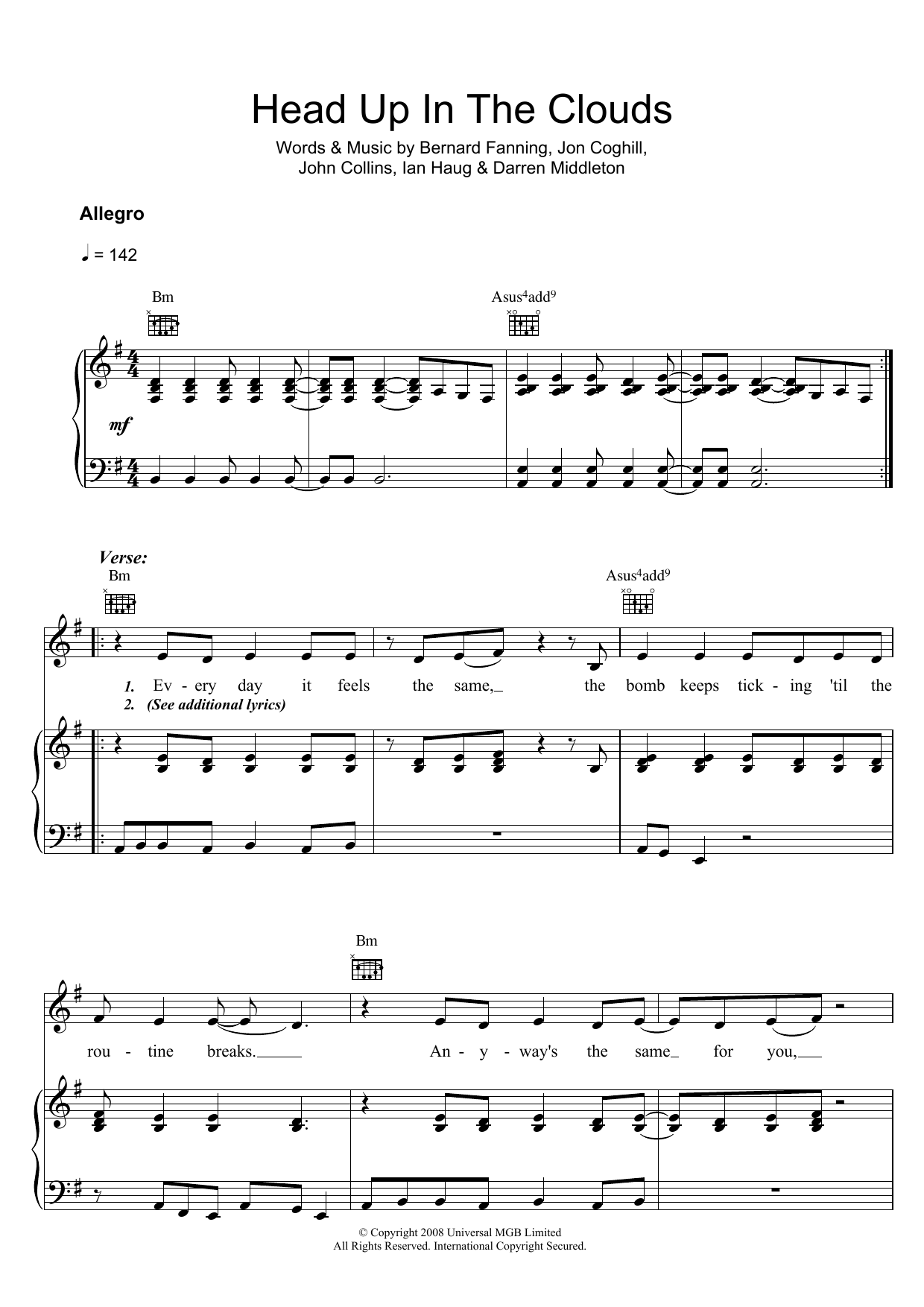 Download Powderfinger Head Up In The Clouds Sheet Music and learn how to play Piano, Vocal & Guitar (Right-Hand Melody) PDF digital score in minutes