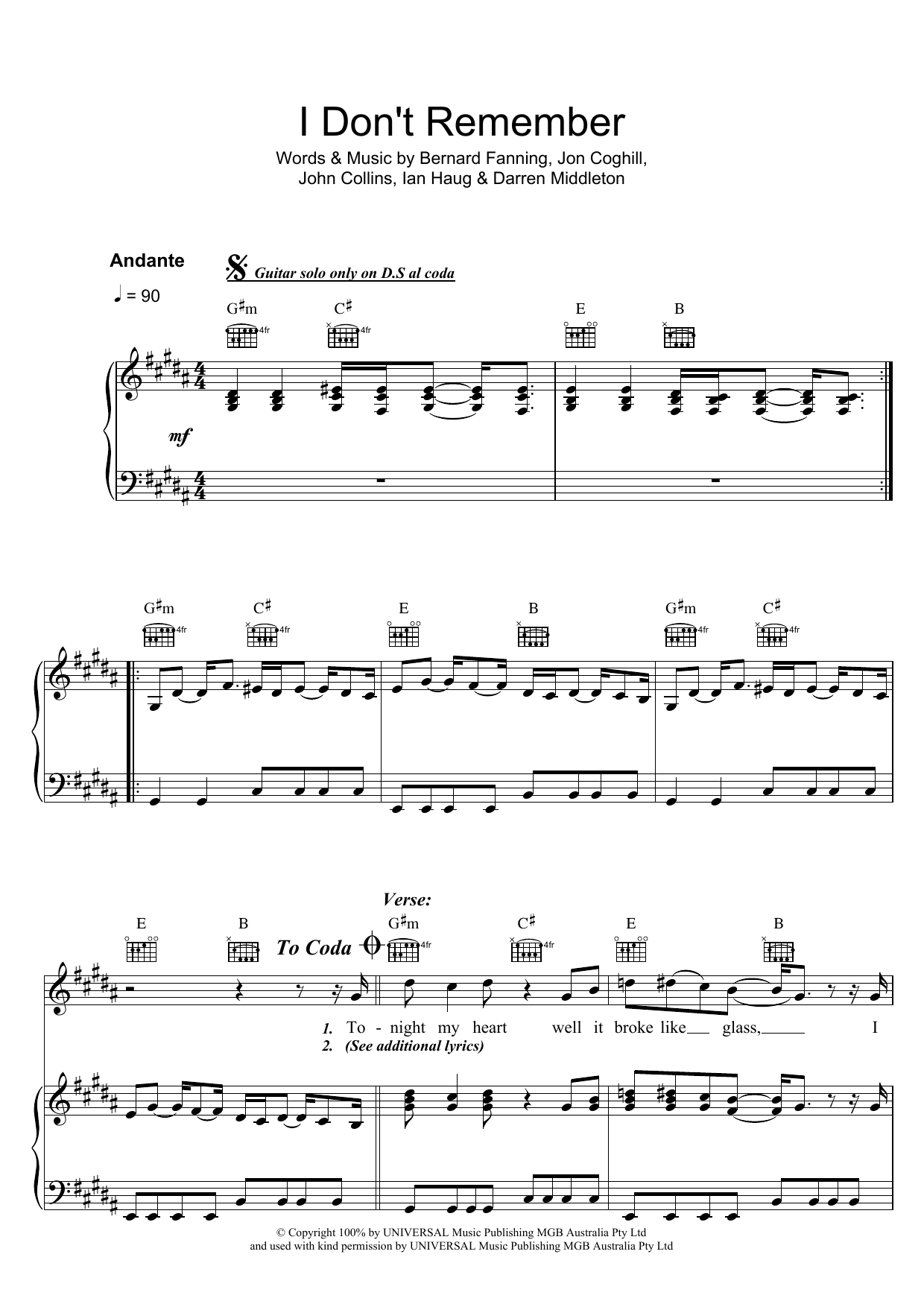 Download Powderfinger I Don't Remember Sheet Music and learn how to play Piano, Vocal & Guitar (Right-Hand Melody) PDF digital score in minutes