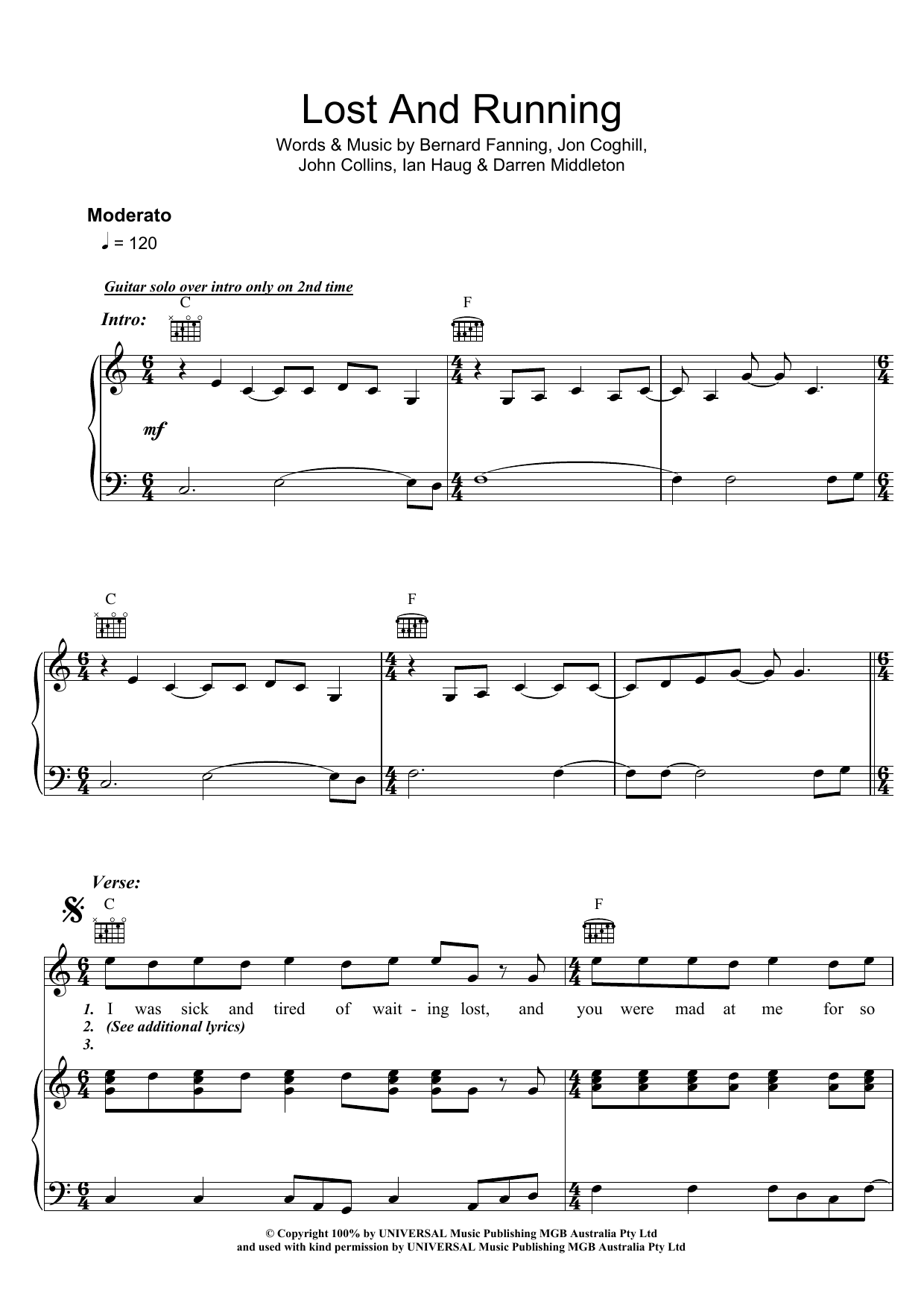 Download Powderfinger Lost And Running Sheet Music and learn how to play Piano, Vocal & Guitar (Right-Hand Melody) PDF digital score in minutes