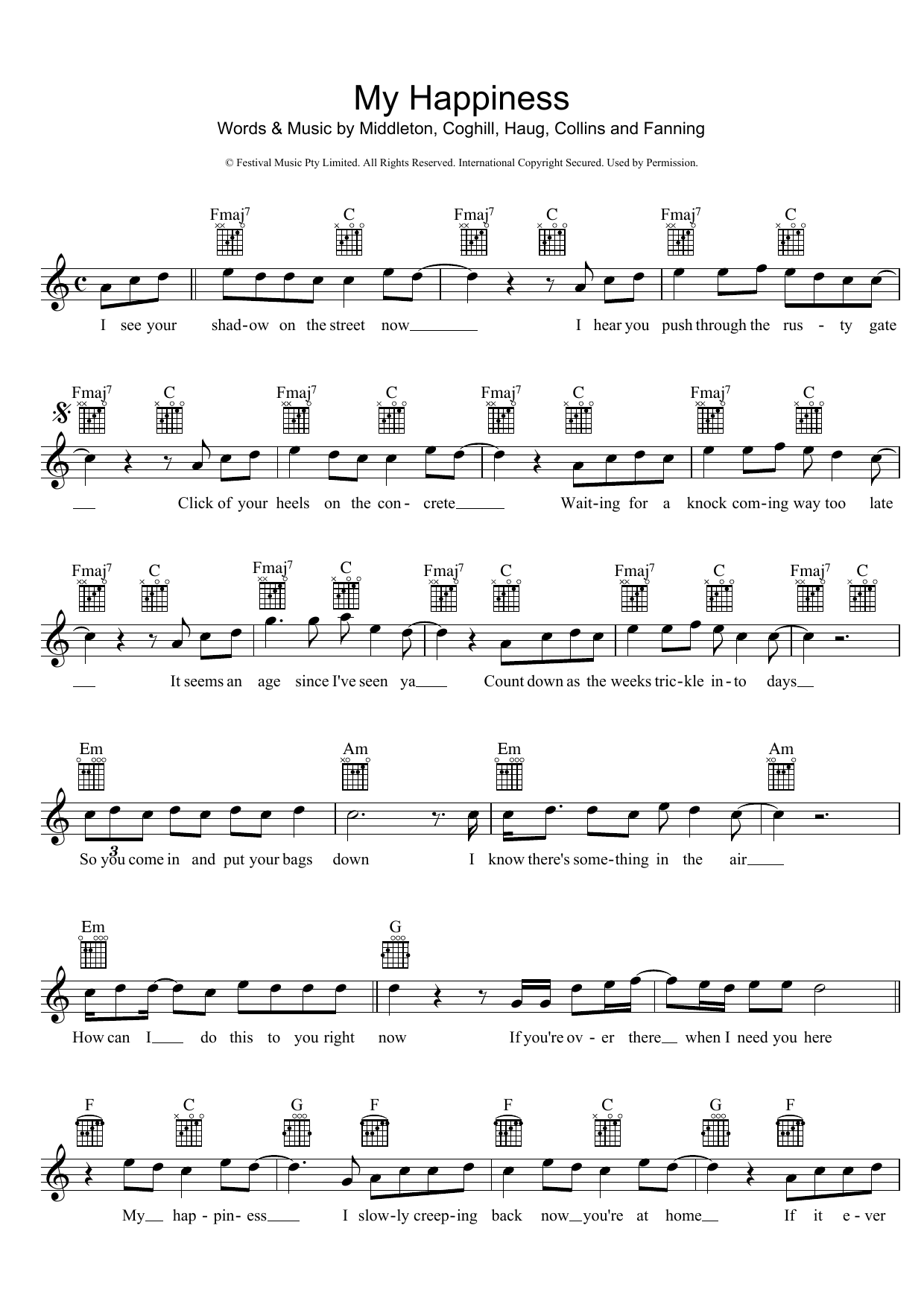 Download Powderfinger My Happiness Sheet Music and learn how to play Melody Line, Lyrics & Chords PDF digital score in minutes