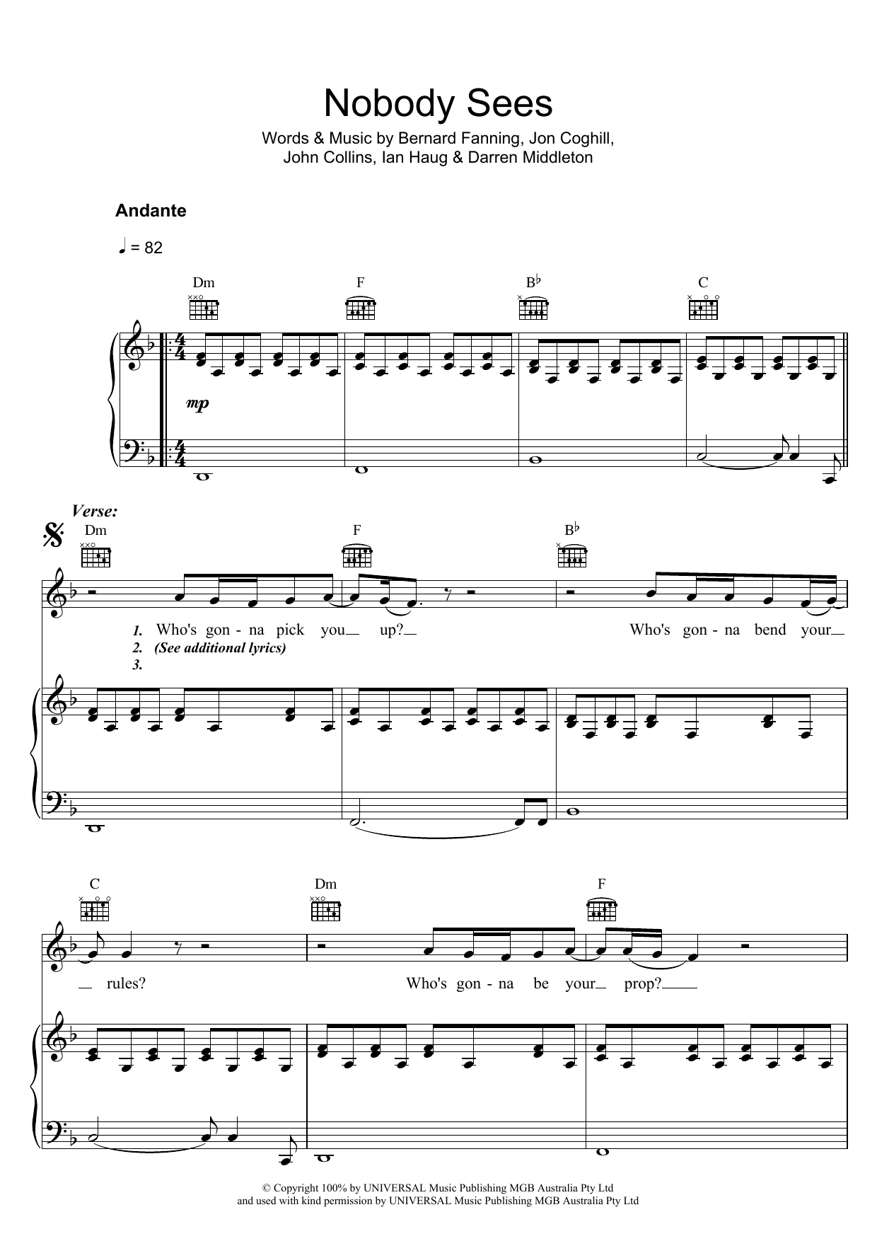 Download Powderfinger Nobody Sees Sheet Music and learn how to play Piano, Vocal & Guitar PDF digital score in minutes