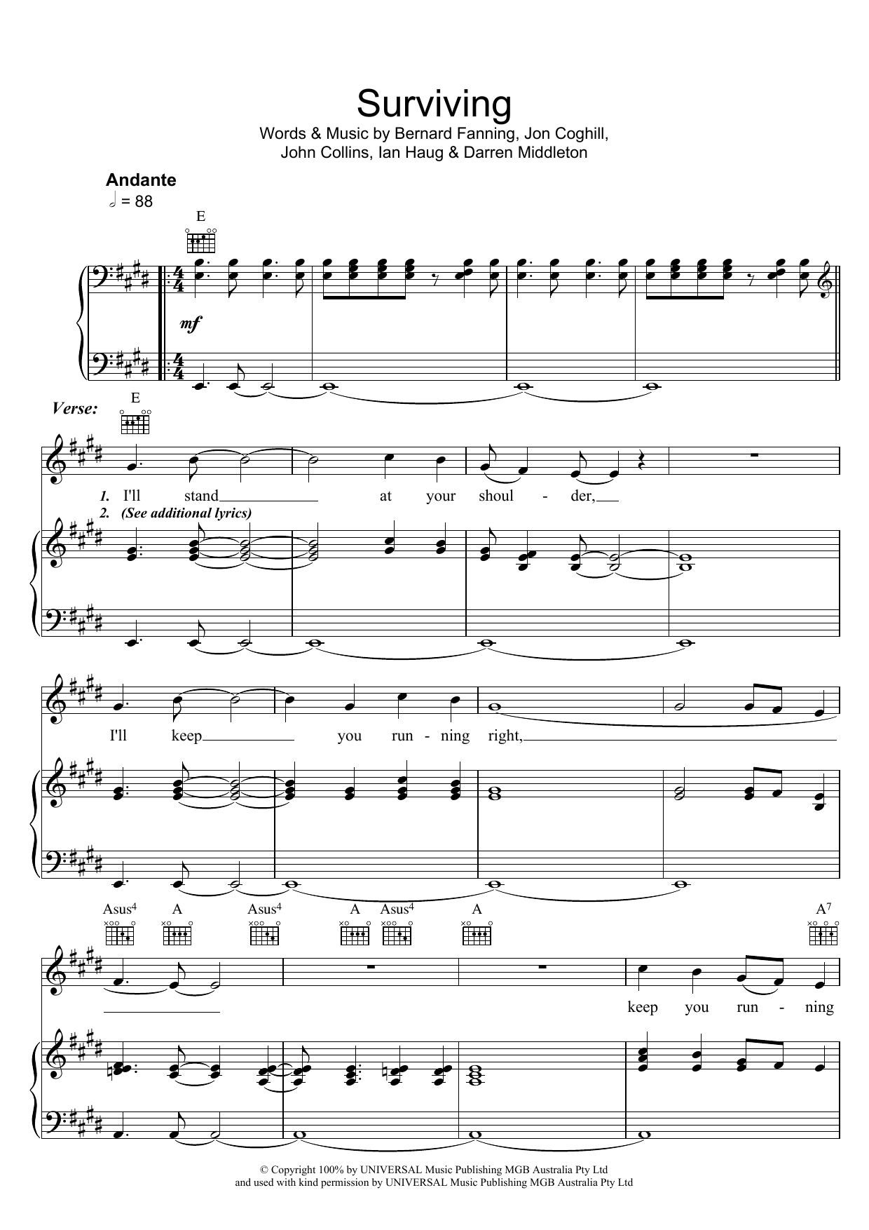 Download Powderfinger Surviving Sheet Music and learn how to play Piano, Vocal & Guitar (Right-Hand Melody) PDF digital score in minutes