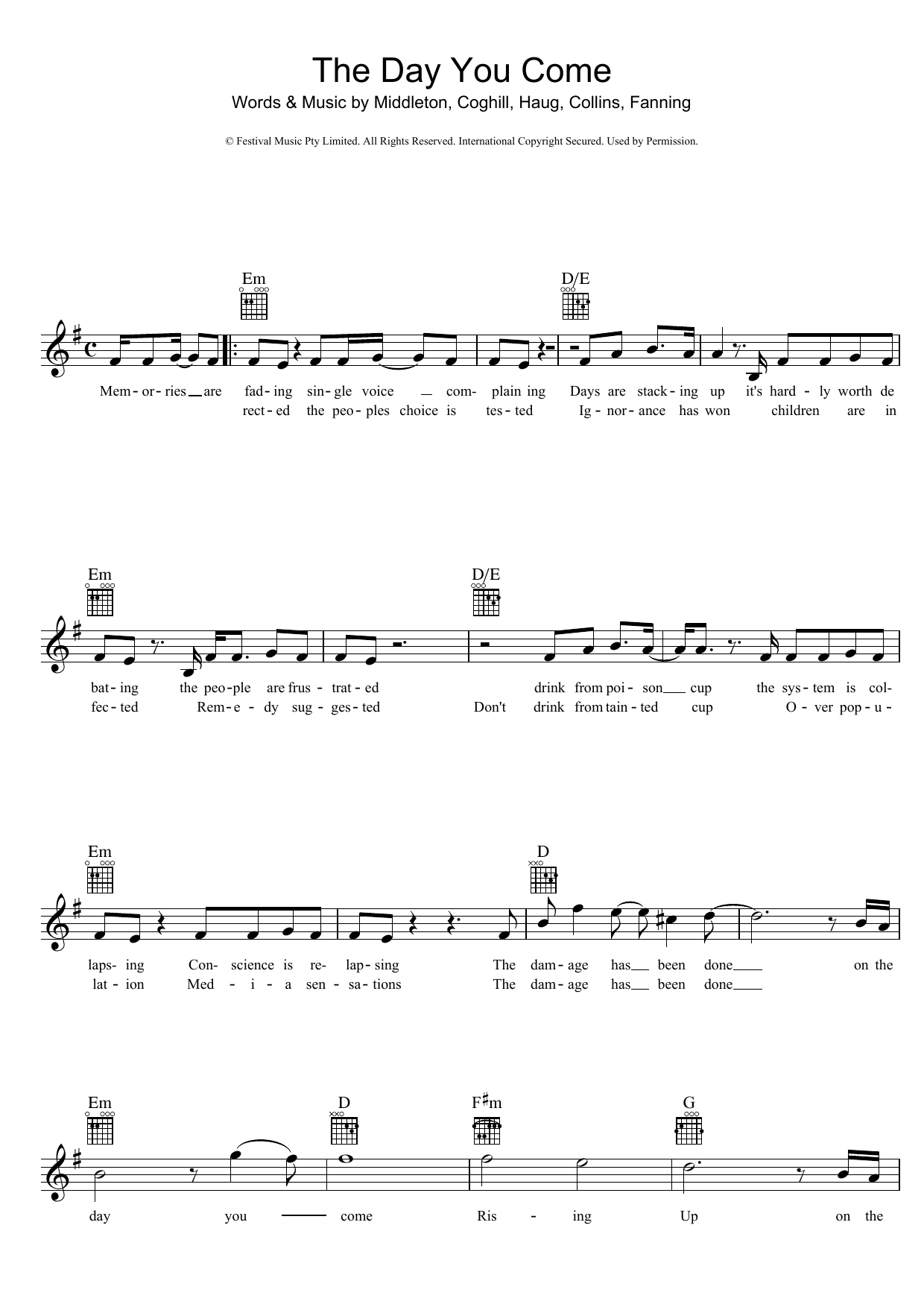 Download Powderfinger The Day You Come Sheet Music and learn how to play Melody Line, Lyrics & Chords PDF digital score in minutes