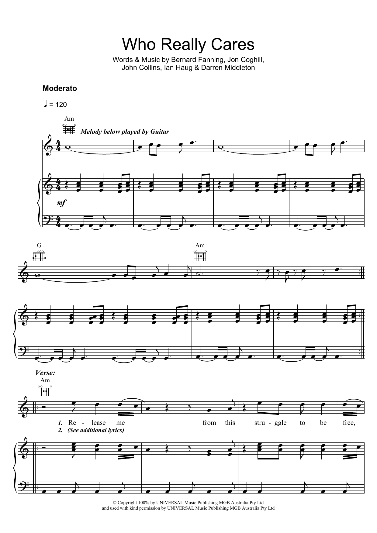 Download Powderfinger Who Really Cares Sheet Music and learn how to play Piano, Vocal & Guitar (Right-Hand Melody) PDF digital score in minutes