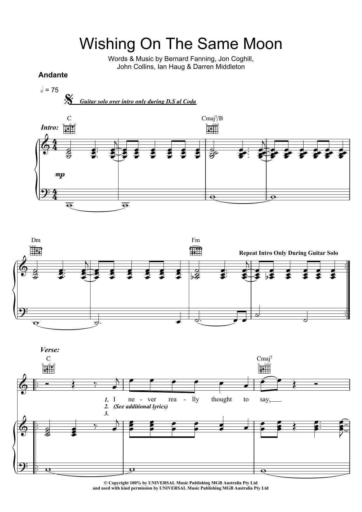 Download Powderfinger Wishing On The Same Moon Sheet Music and learn how to play Piano, Vocal & Guitar (Right-Hand Melody) PDF digital score in minutes
