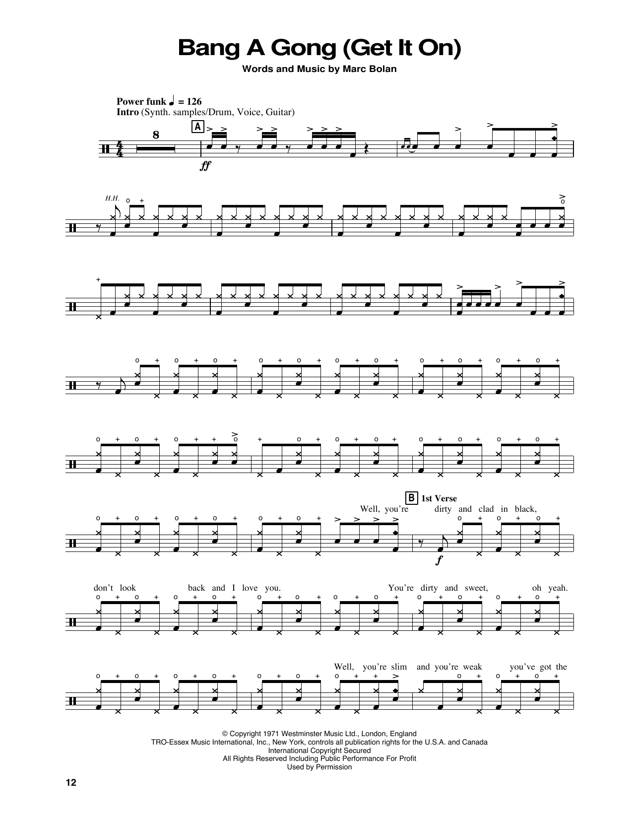 Download Power Station Bang A Gong (Get It On) Sheet Music and learn how to play Drums Transcription PDF digital score in minutes