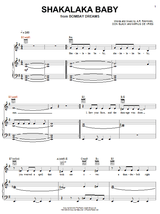 Download Preeya Kalidas Shakalaka Baby Sheet Music and learn how to play Piano, Vocal & Guitar (Right-Hand Melody) PDF digital score in minutes