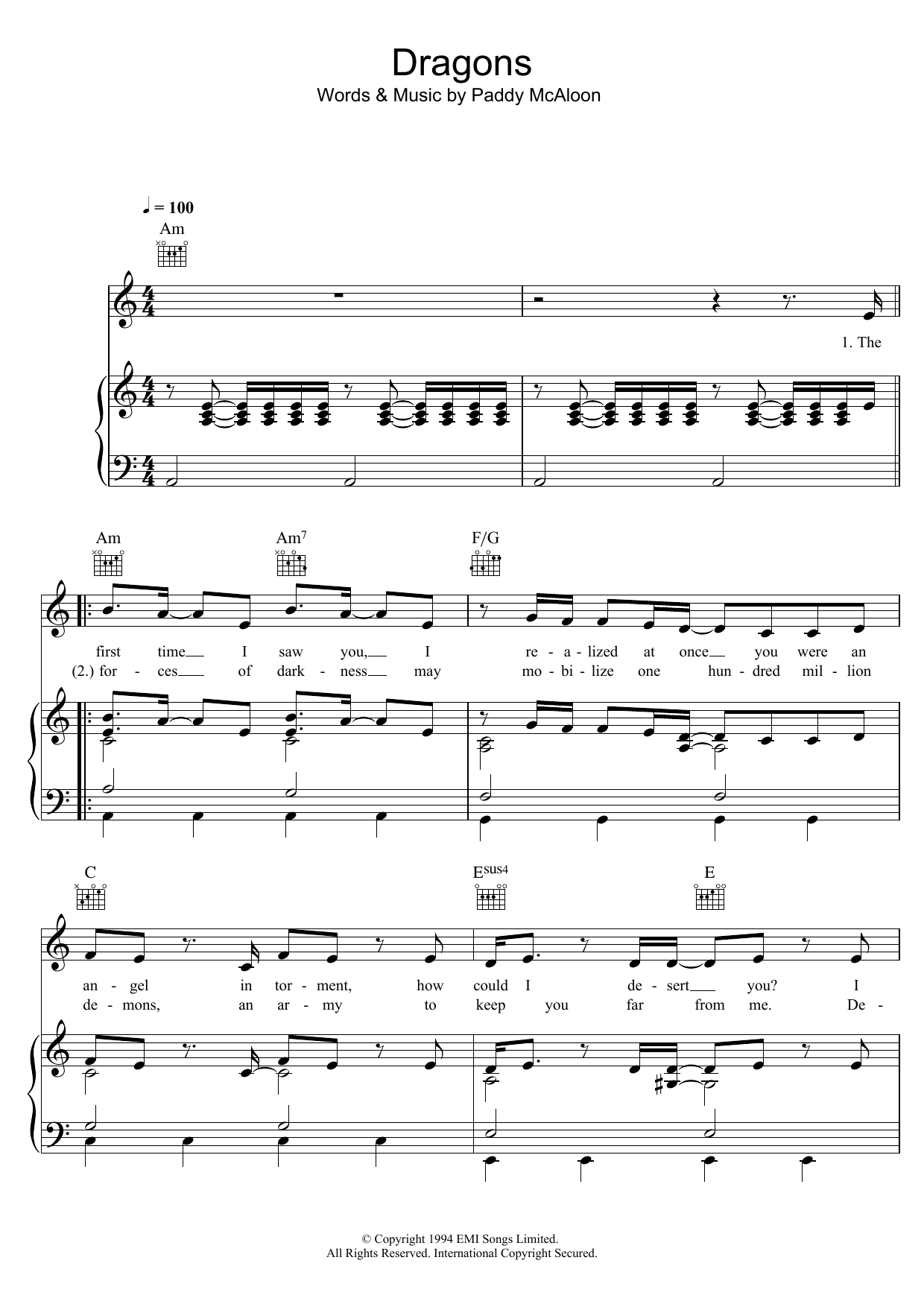 Download Prefab Sprout Dragons Sheet Music and learn how to play Piano, Vocal & Guitar (Right-Hand Melody) PDF digital score in minutes