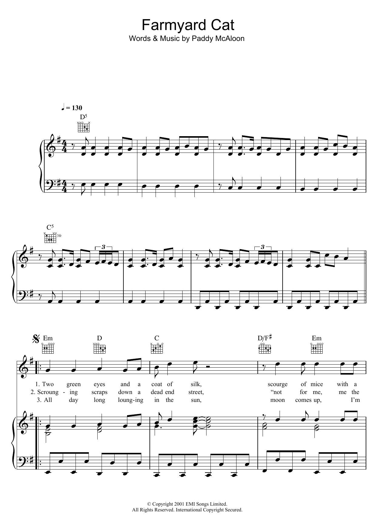 Download Prefab Sprout Farmyard Cat Sheet Music and learn how to play Piano, Vocal & Guitar (Right-Hand Melody) PDF digital score in minutes