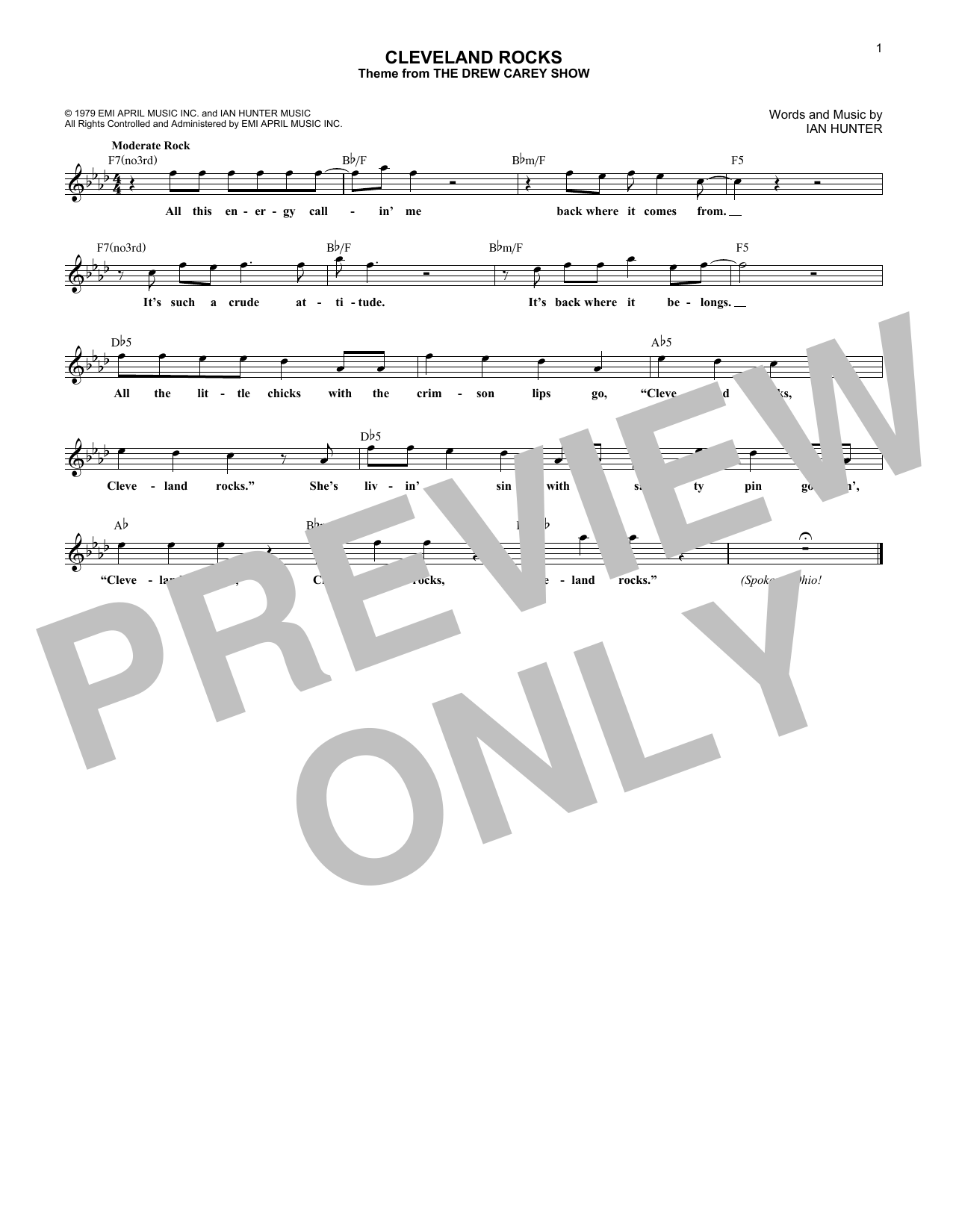 Download Presidents Of The United States Of America Cleveland Rocks Sheet Music and learn how to play Melody Line, Lyrics & Chords PDF digital score in minutes