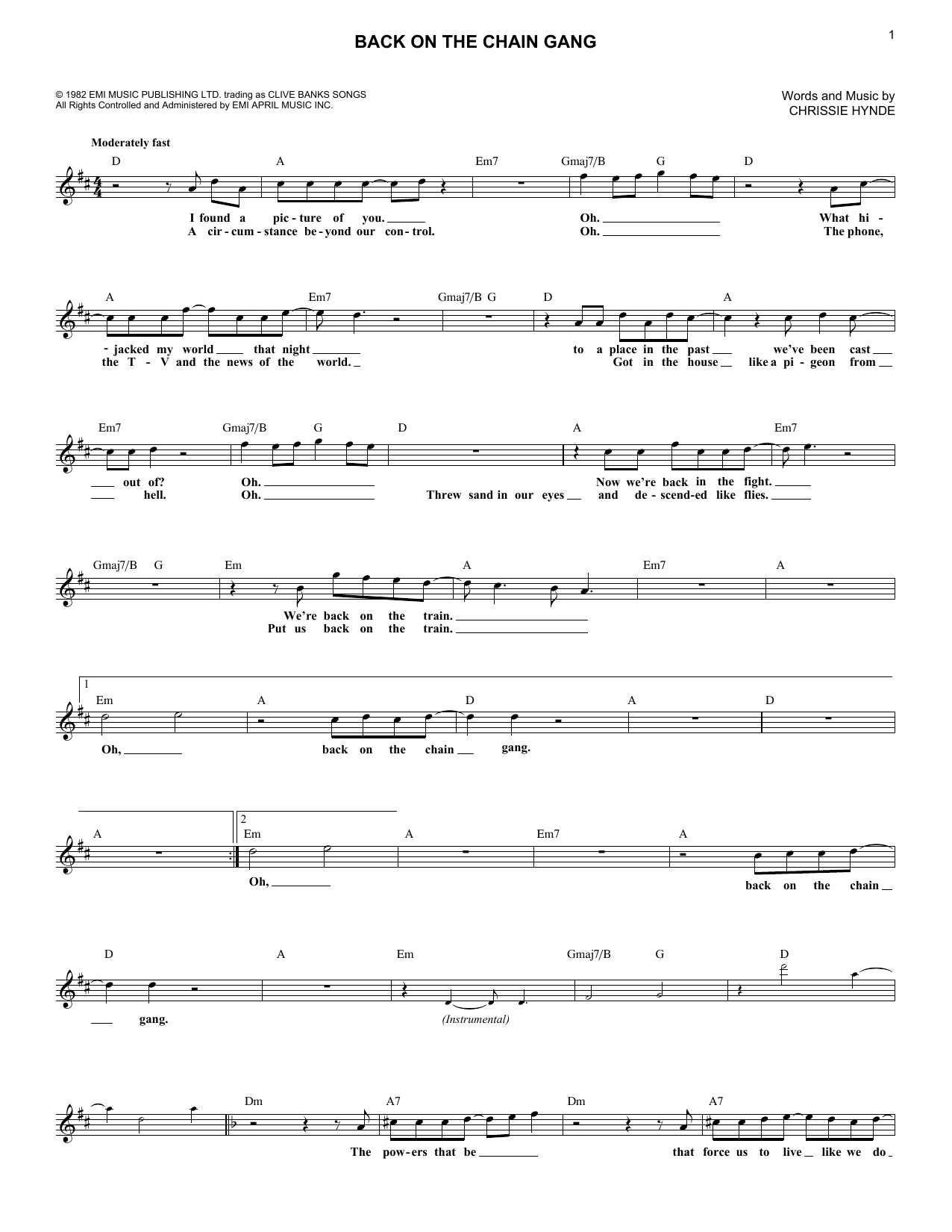 Download Pretenders Back On The Chain Gang Sheet Music and learn how to play Melody Line, Lyrics & Chords PDF digital score in minutes