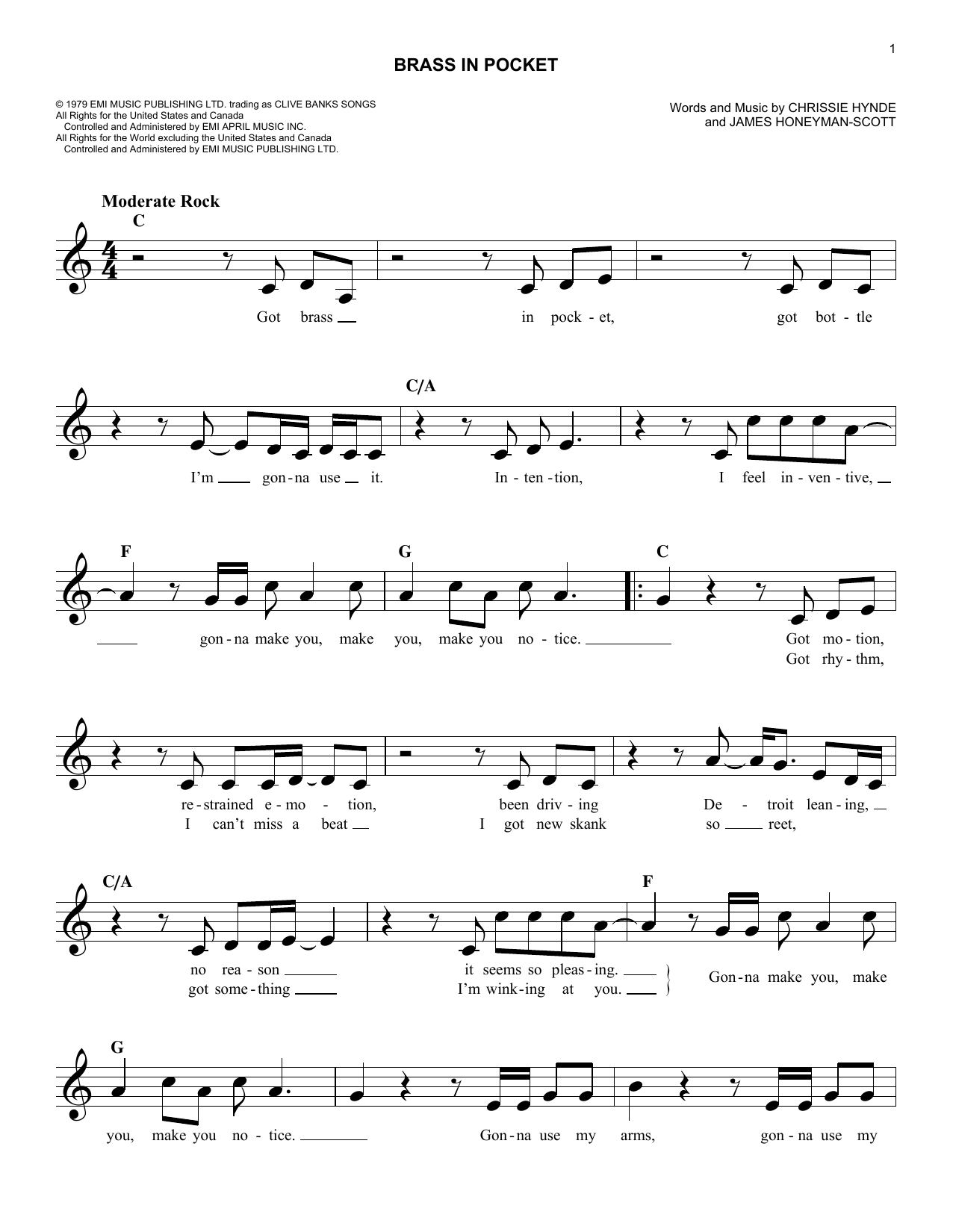 Download Pretenders Brass In Pocket Sheet Music and learn how to play Melody Line, Lyrics & Chords PDF digital score in minutes