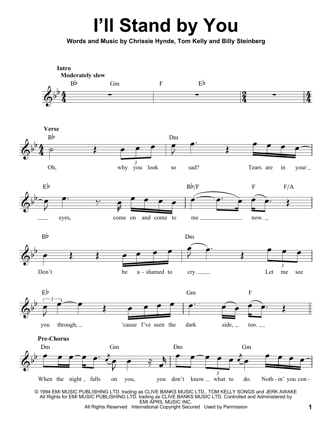 Download Pretenders I'll Stand By You Sheet Music and learn how to play Very Easy Piano PDF digital score in minutes