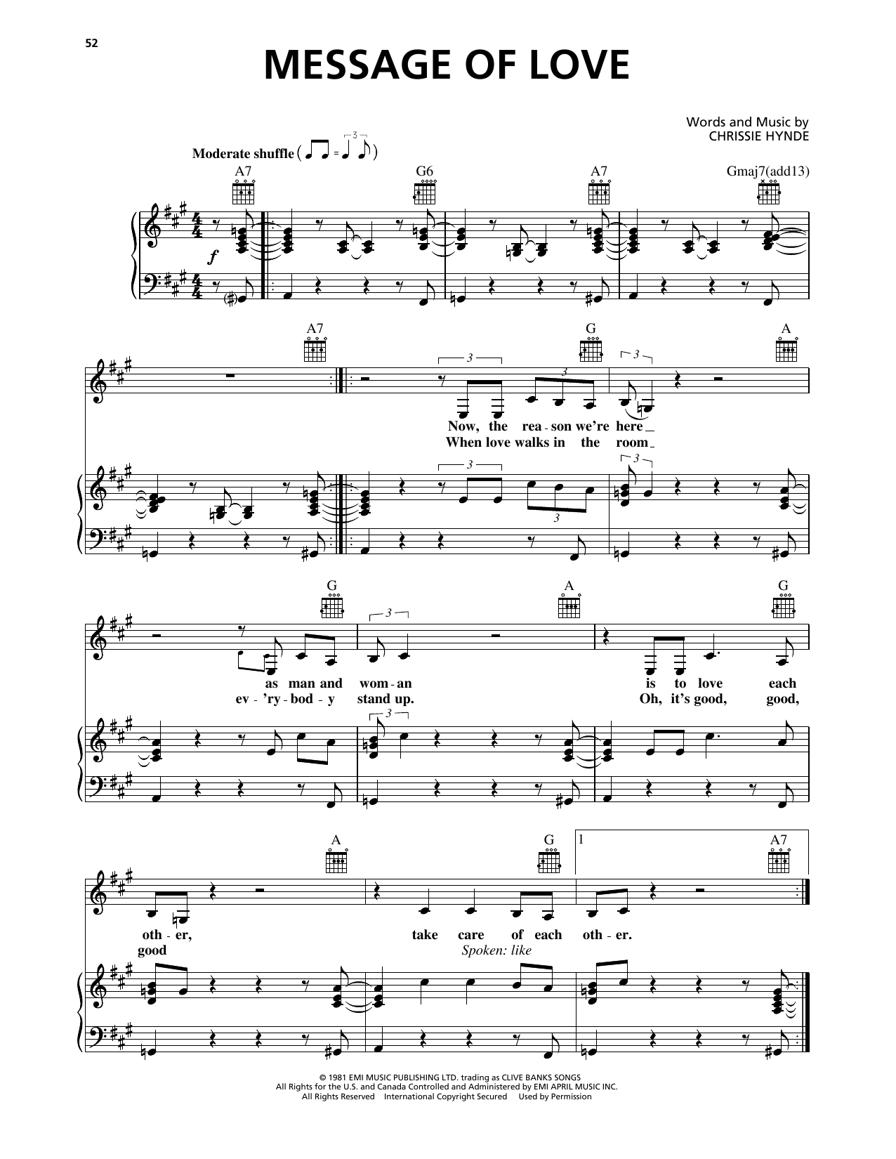 Download Pretenders Message Of Love Sheet Music and learn how to play Piano, Vocal & Guitar Chords (Right-Hand Melody) PDF digital score in minutes