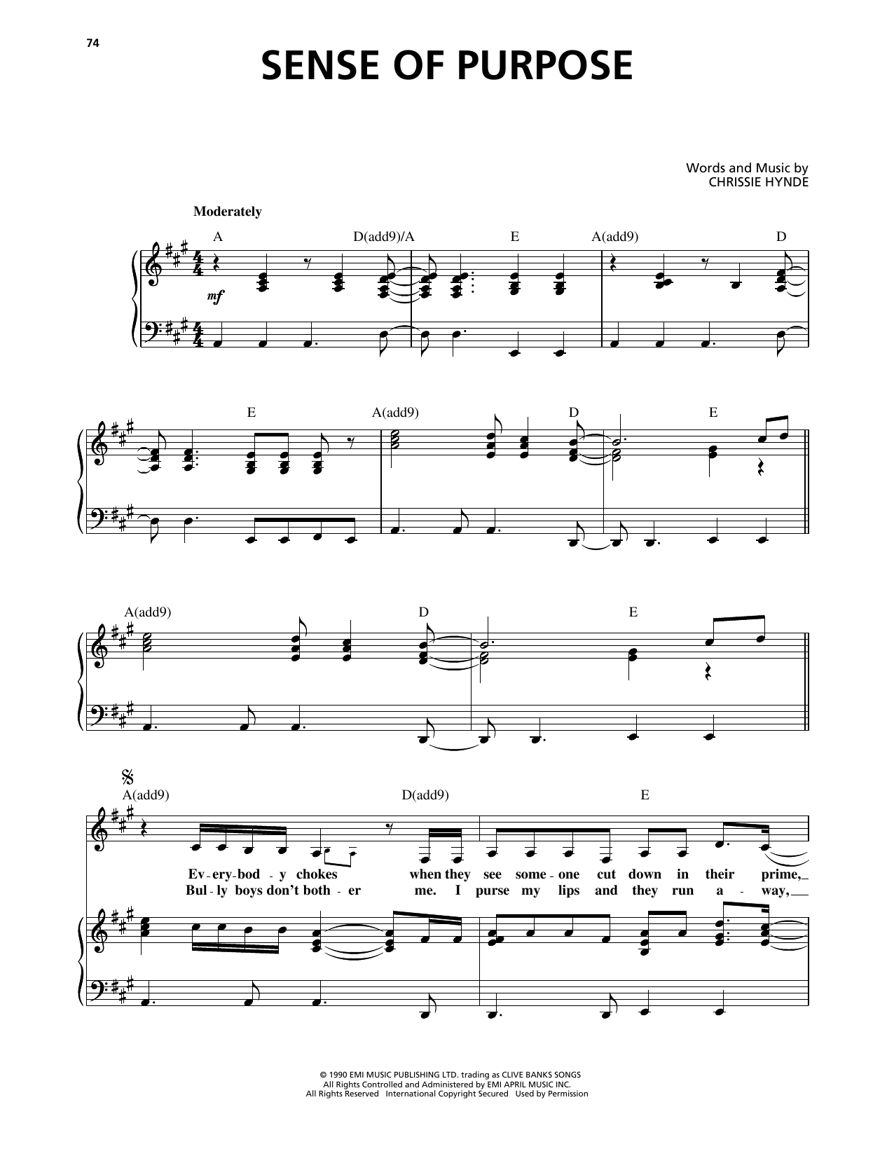 Download Pretenders Sense Of Purpose Sheet Music and learn how to play Piano, Vocal & Guitar Chords (Right-Hand Melody) PDF digital score in minutes