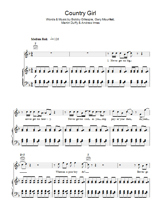Download Primal Scream Country Girl Sheet Music and learn how to play Piano, Vocal & Guitar PDF digital score in minutes