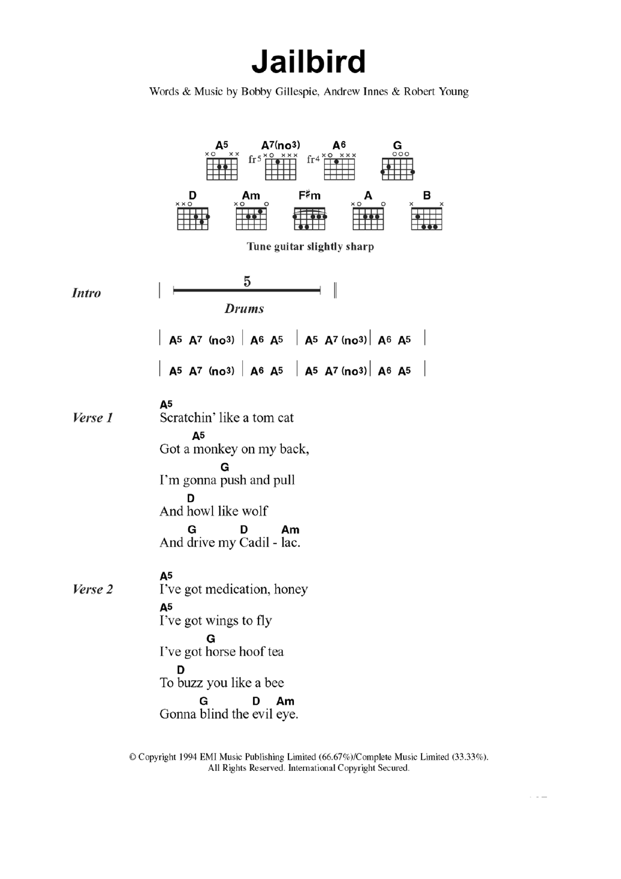 Download Primal Scream Jailbird Sheet Music and learn how to play Guitar Chords/Lyrics PDF digital score in minutes