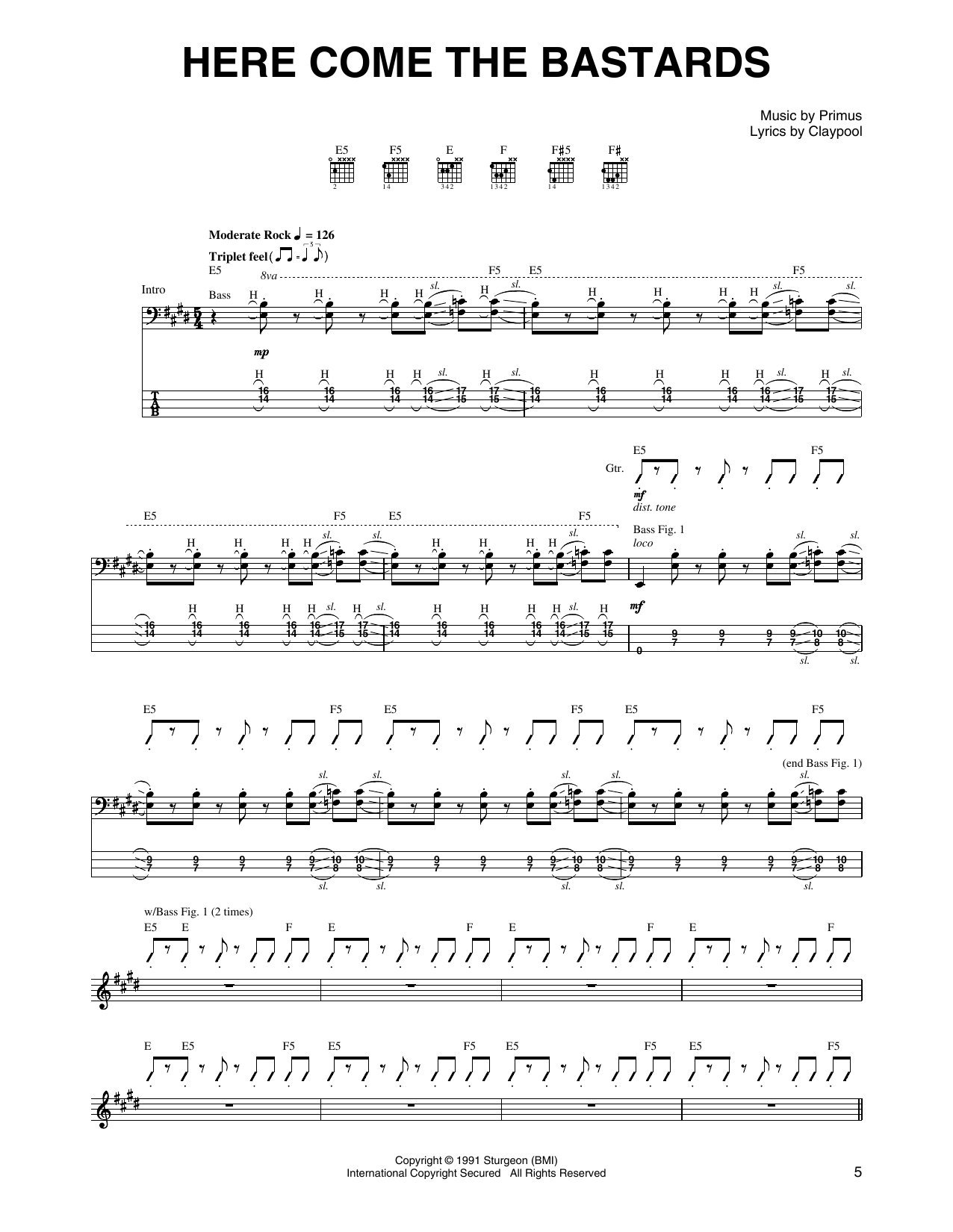 Download Primus Here Come The Bastards Sheet Music and learn how to play Guitar Tab PDF digital score in minutes