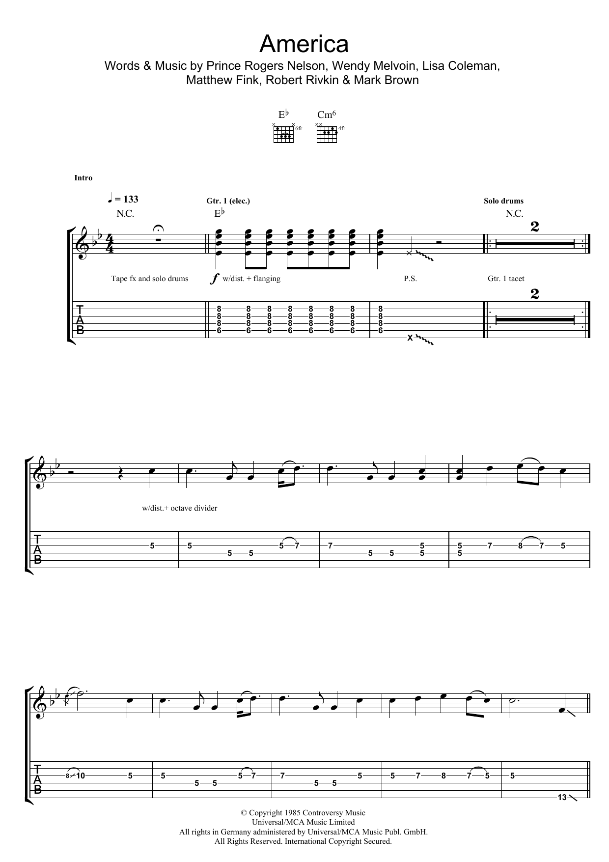 Download Prince & The Revolution America Sheet Music and learn how to play Guitar Tab PDF digital score in minutes