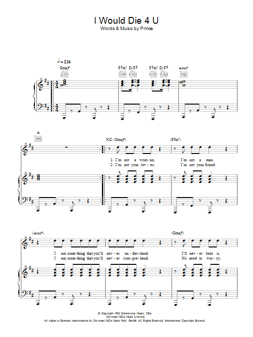 Download Prince & The Revolution I Would Die 4 U Sheet Music and learn how to play Piano, Vocal & Guitar (Right-Hand Melody) PDF digital score in minutes