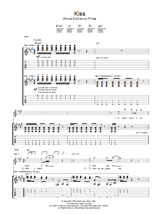 Download Prince & The Revolution Kiss Sheet Music and learn how to play Guitar Tab PDF digital score in minutes