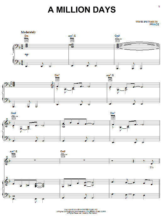Download Prince A Million Days Sheet Music and learn how to play Piano, Vocal & Guitar (Right-Hand Melody) PDF digital score in minutes