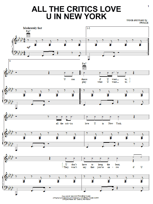 Download Prince All The Critics Love U In New York Sheet Music and learn how to play Piano, Vocal & Guitar (Right-Hand Melody) PDF digital score in minutes
