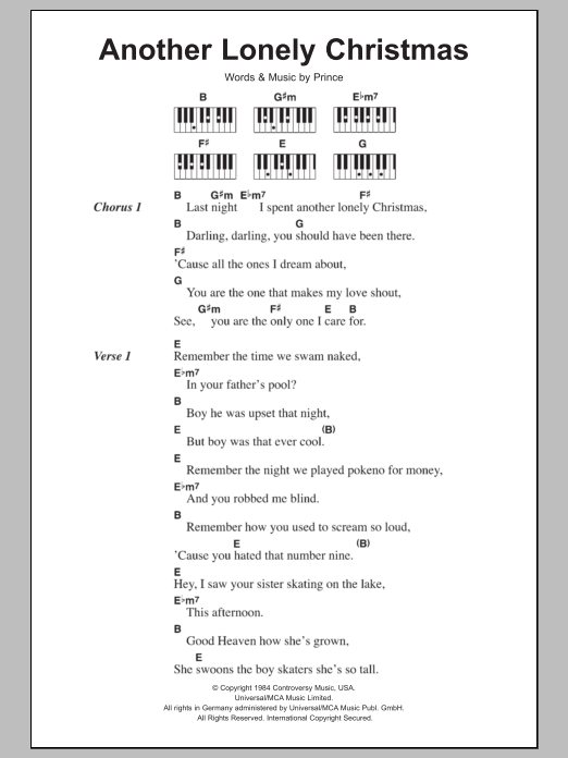 Download Prince Another Lonely Christmas Sheet Music and learn how to play Lyrics & Piano Chords PDF digital score in minutes