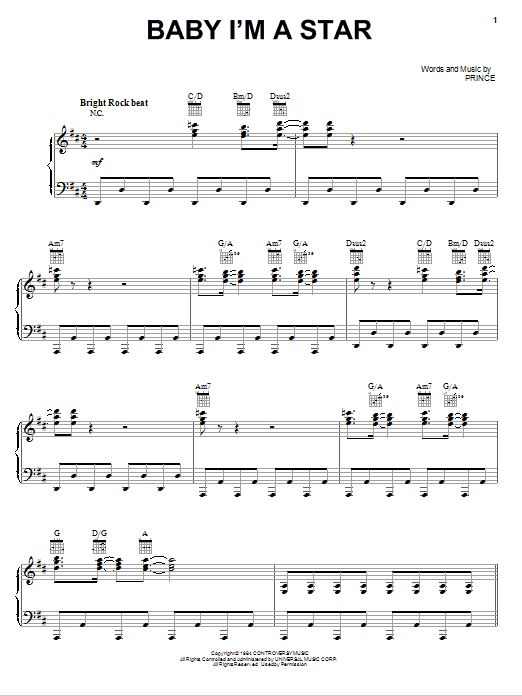 Download Prince Baby I'm A Star Sheet Music and learn how to play Piano, Vocal & Guitar (Right-Hand Melody) PDF digital score in minutes