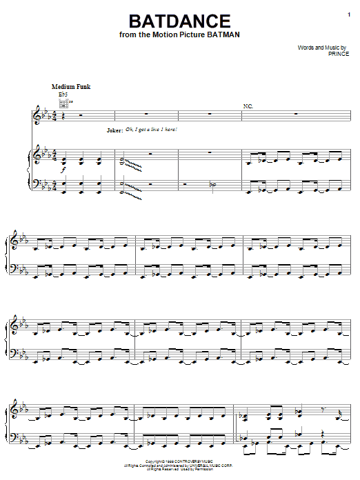 Download Prince Batdance Sheet Music and learn how to play Piano, Vocal & Guitar (Right-Hand Melody) PDF digital score in minutes