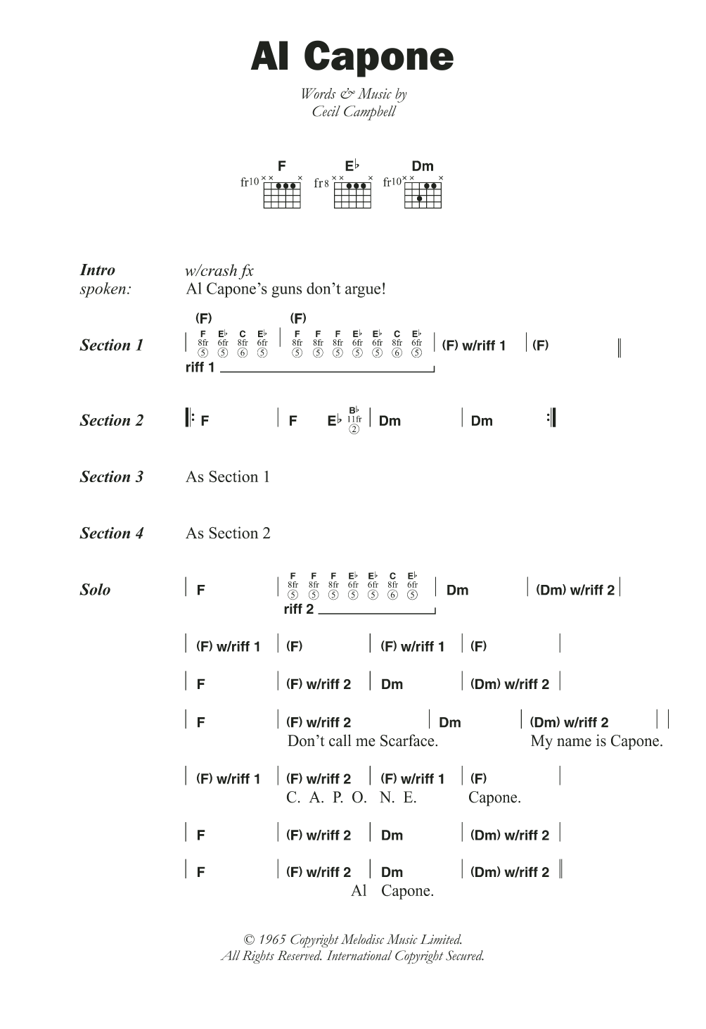 Download Prince Buster Al Capone Sheet Music and learn how to play Lyrics & Chords PDF digital score in minutes