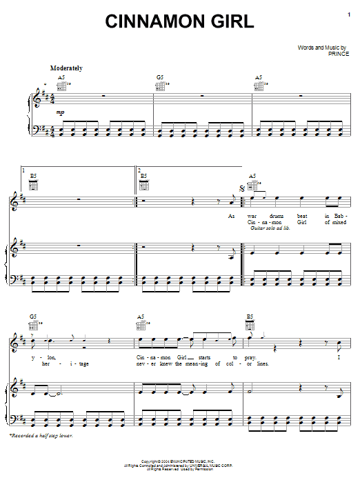 Download Prince Cinnamon Girl Sheet Music and learn how to play Piano, Vocal & Guitar (Right-Hand Melody) PDF digital score in minutes
