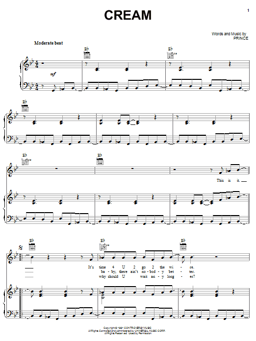 Download Prince Cream Sheet Music and learn how to play Lyrics & Chords PDF digital score in minutes