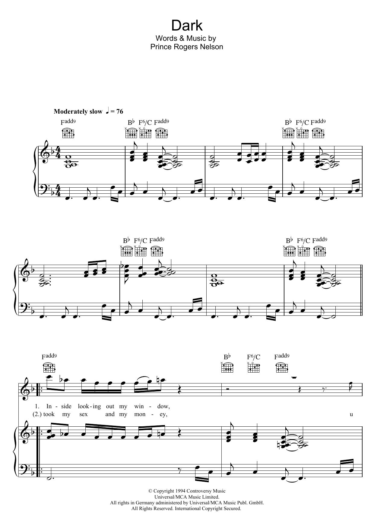 Download Prince Dark Sheet Music and learn how to play Piano, Vocal & Guitar (Right-Hand Melody) PDF digital score in minutes