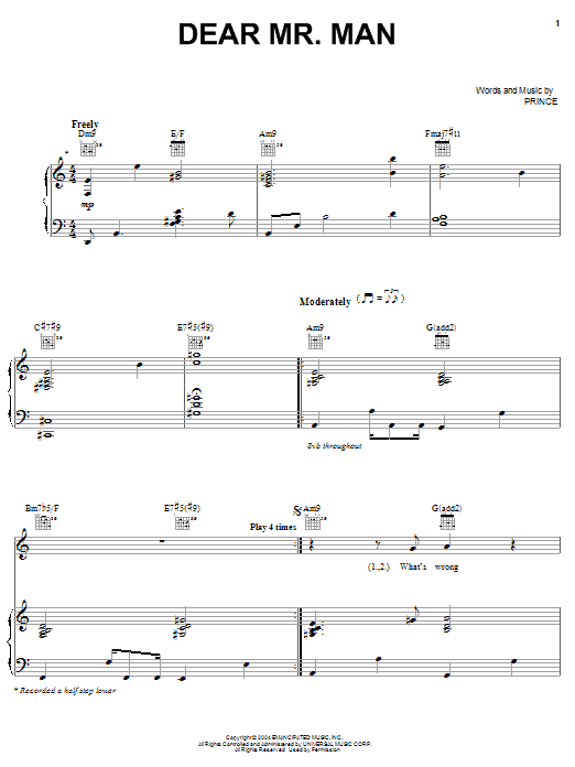 Download Prince Dear Mr. Man Sheet Music and learn how to play Piano, Vocal & Guitar (Right-Hand Melody) PDF digital score in minutes