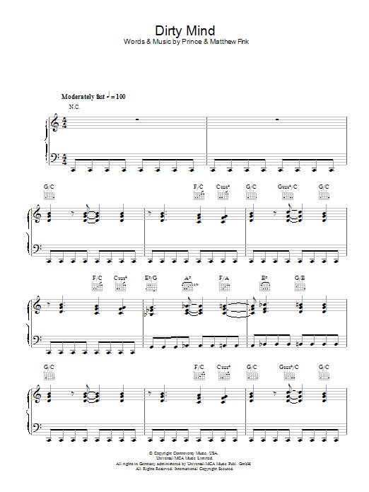Download Prince Dirty Mind Sheet Music and learn how to play Piano, Vocal & Guitar PDF digital score in minutes