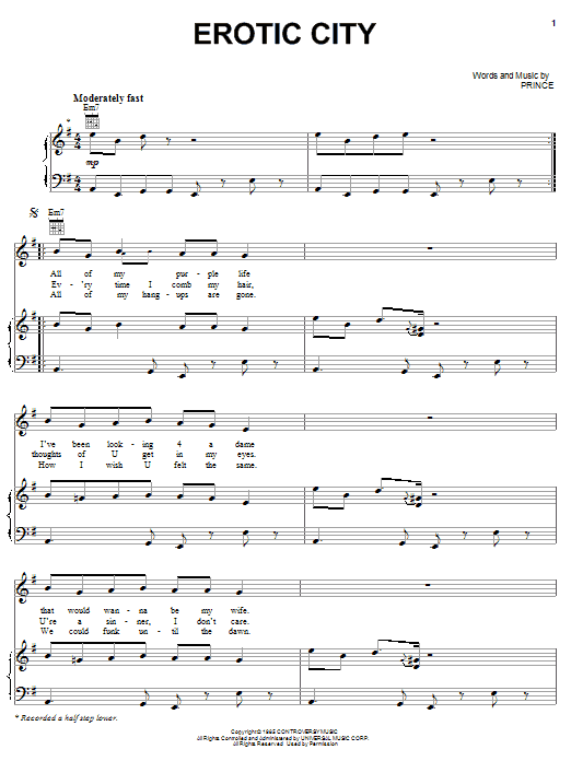 Download Prince Erotic City Sheet Music and learn how to play Piano, Vocal & Guitar (Right-Hand Melody) PDF digital score in minutes